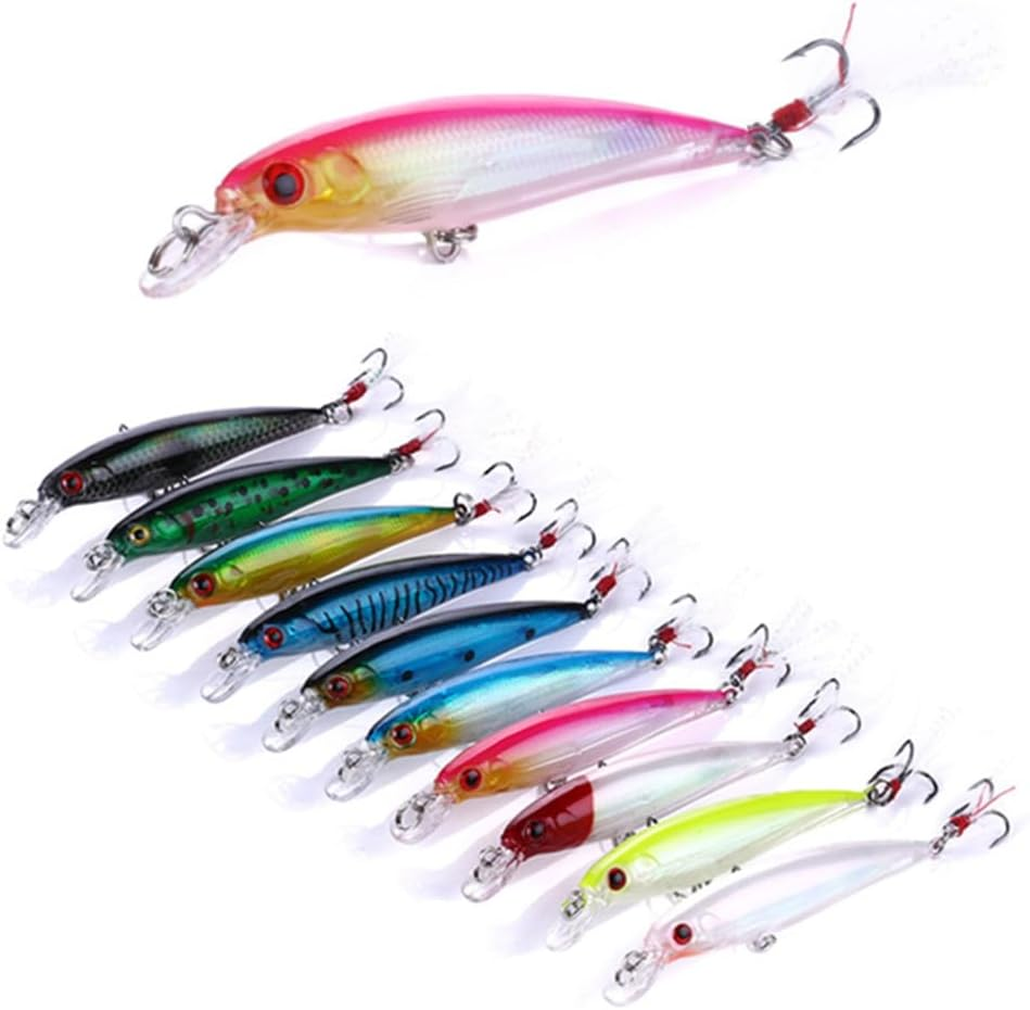 10 Fishing Lure, Hard Minnow Fishing Lures Saltwater Bass Crankbait Set with Treble Hooks, for Bass Trout Walleye Redfish