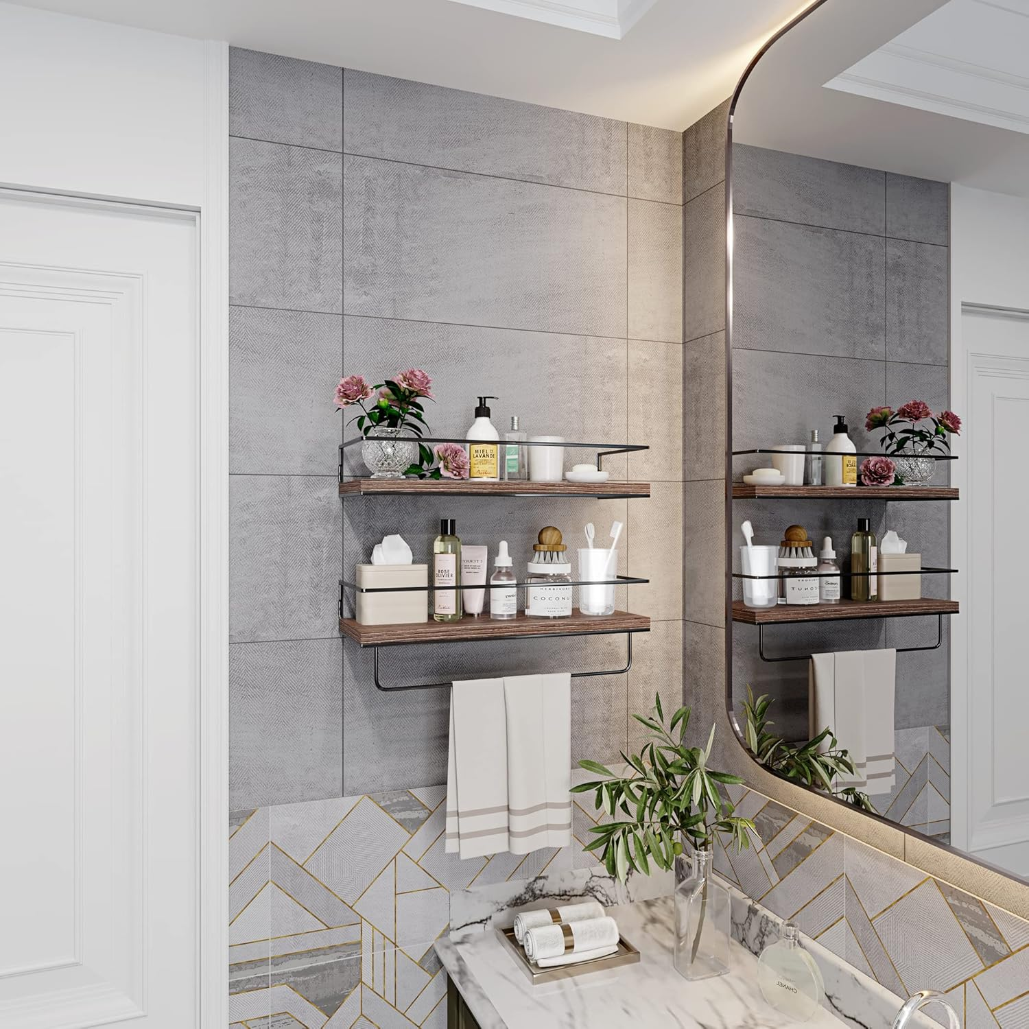 Shario Rustic Wood Floating Shelves - Set of 2, Wall Mounted Hanging Shelves with Black Towel Rack, Decorative Storage Shelves for Bathroom, Kitchen, Living Room & Bedroom (Dark Carbonized Brown)