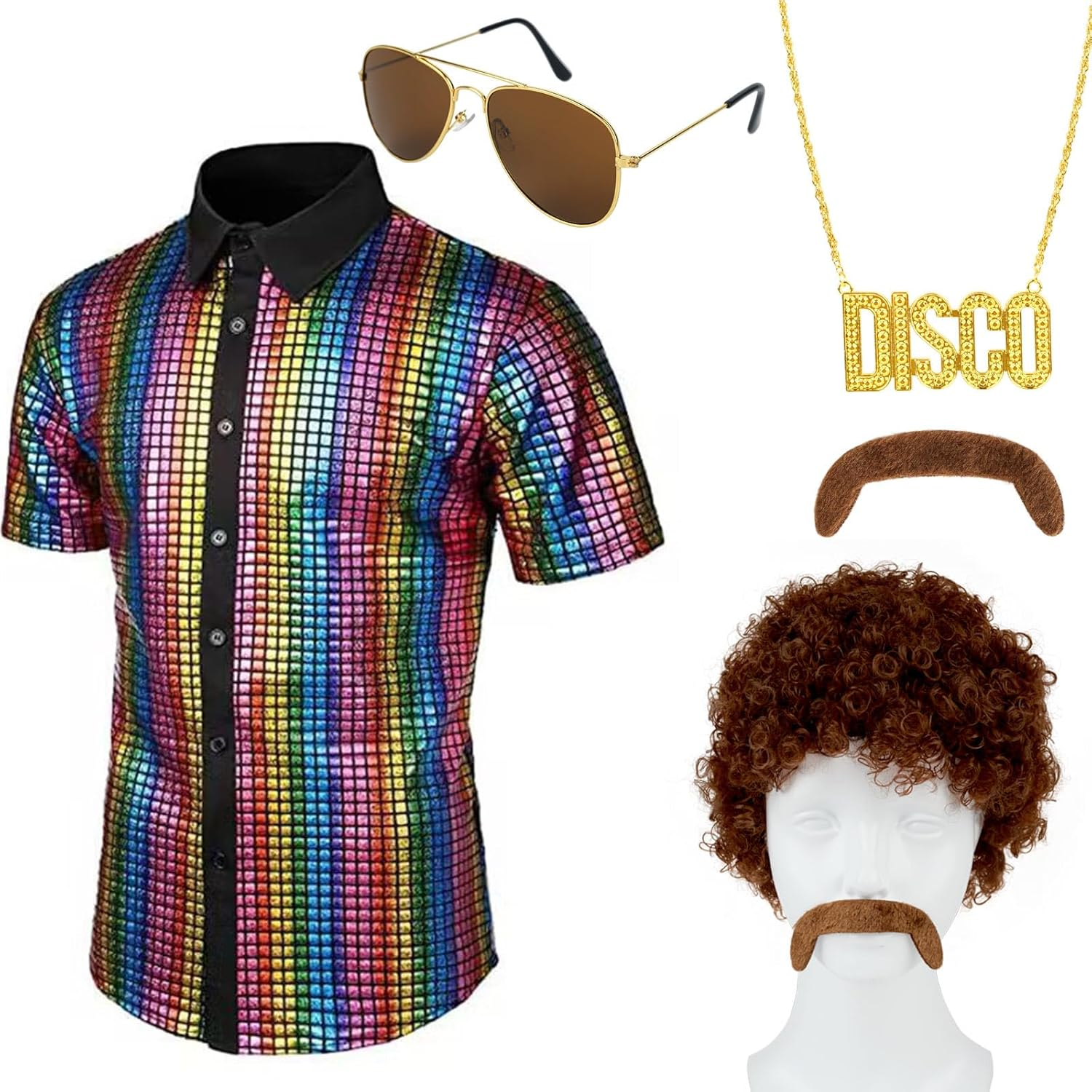 5Pcs Boy 70S Disco Costume,Kids Boys Sequins Dress Shirt,Wig Disco Necklace Sunglasses for 60S Dress Up image number 3