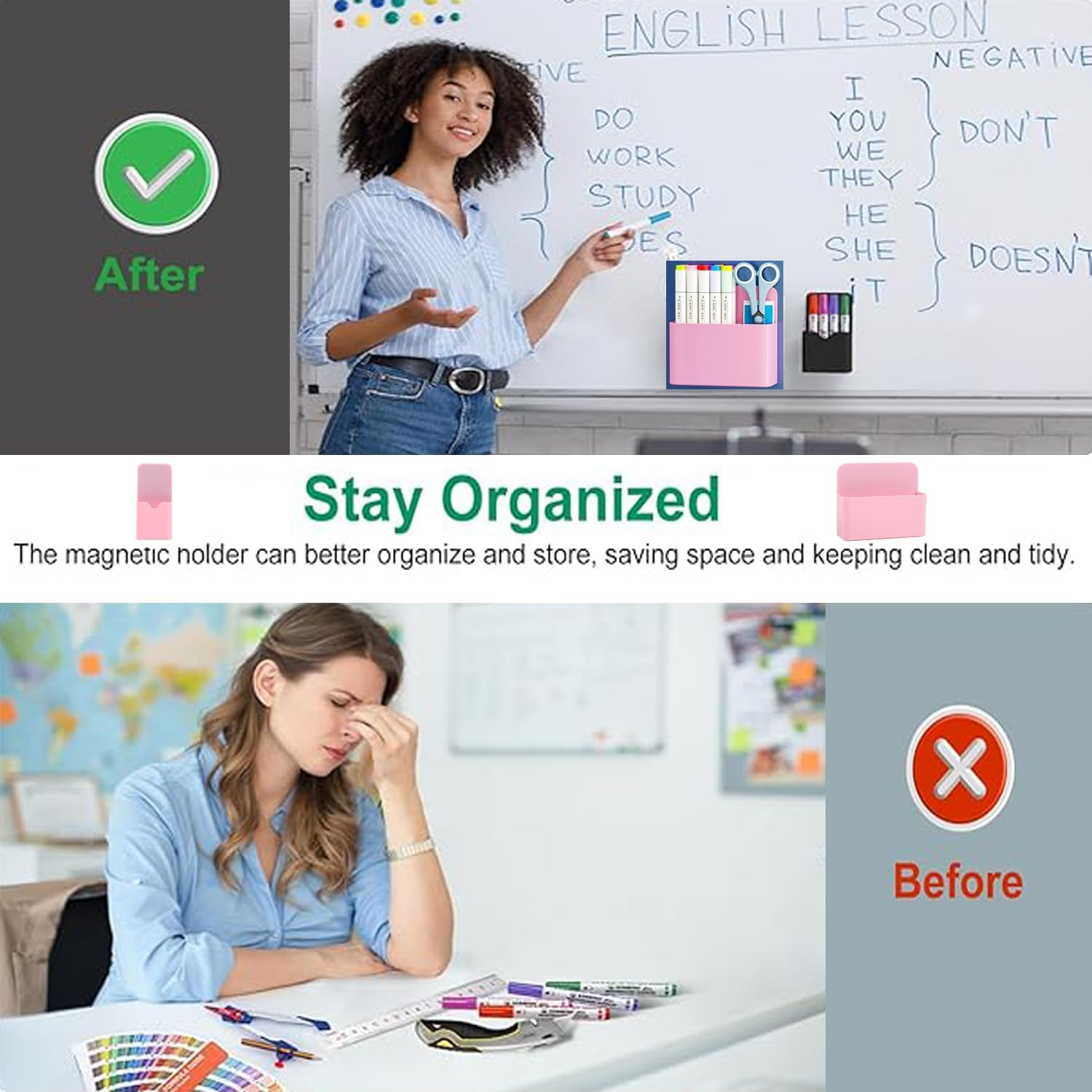 2 Pcs Pen & Marker Holders, Dry Erase Marker Cup Holder, Pen & Eraser Holder Organizer for Whiteboard, Magnetic Pen Holder for School, Office, Home (Pink) - White image number 7