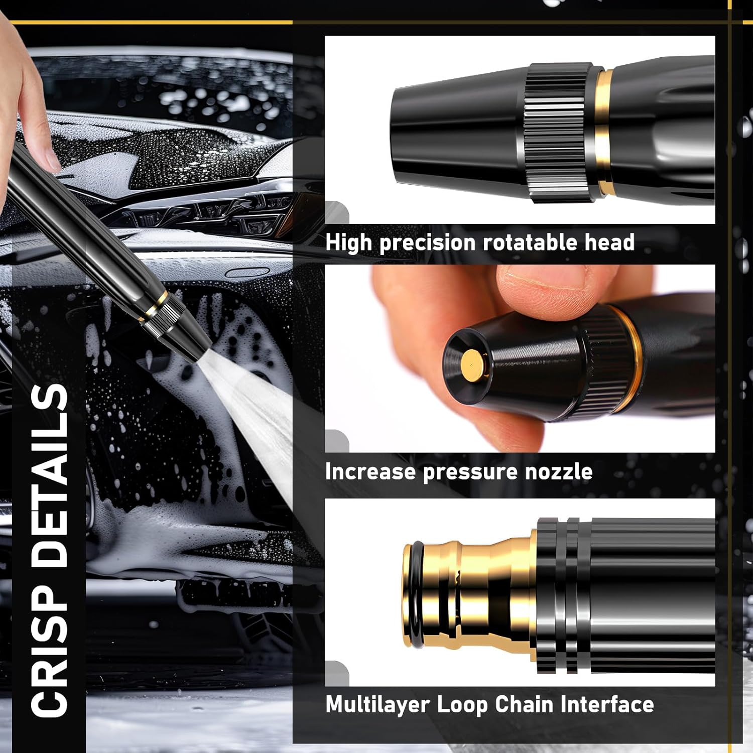 Garden Hose Nozzle with 3 Adjustable Patterns & 4 Connectors, Metal High Pressure Hose Nozzle Heavy Duty, Outdoor Water Hose Sprayer Nozzle Tools for Car Plant Dog Wash image number 6