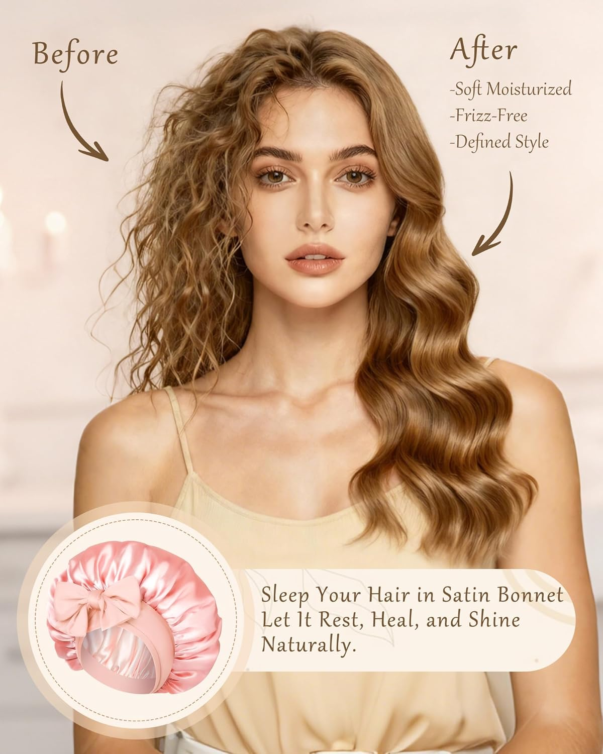 Reversible Satin Bonnet for Sleeping Women Double Layer Hair Bonnet with 2PCS Hair Scrunchies Elastic Tie Band Night Cap, Apricot Powder+Champagne image number 3