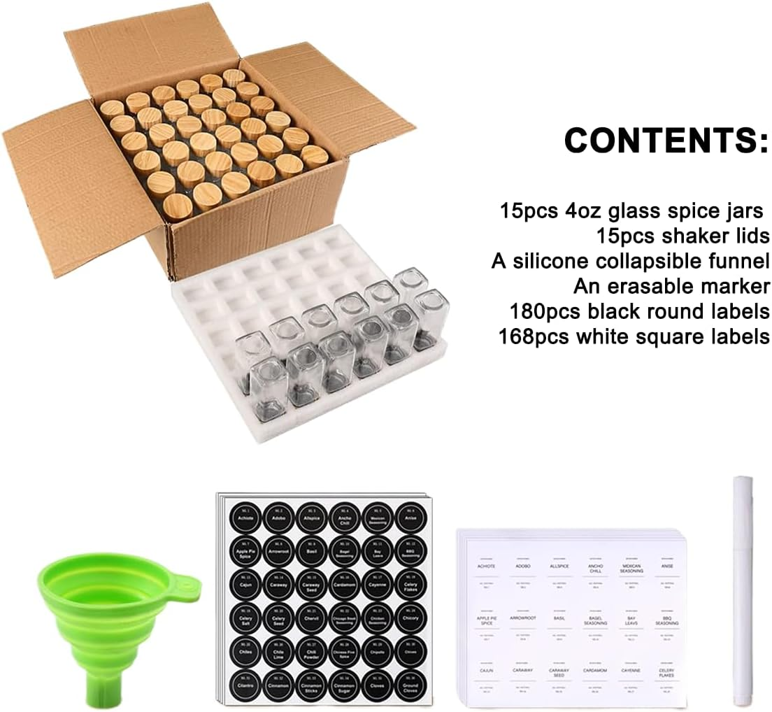 15Pcs Glass Spice Jars with Labels 4Oz Squar Spice Containers with Lids Seasoning Storage Bottles Collapsible Funnel Spice Organizer image number 4