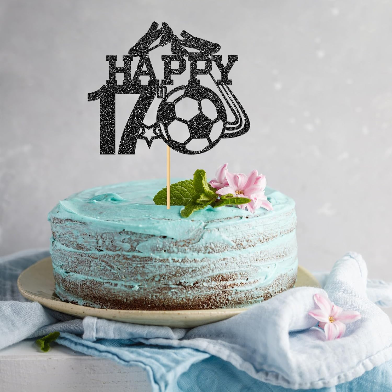 Monmon & Craft Soccer 17Th Birthday Cake Topper/Sport Theme Soccer Ball Cake Docer/Soccer Player Boy 17Th Birthday Party Decorations - Black Glitter image number 3