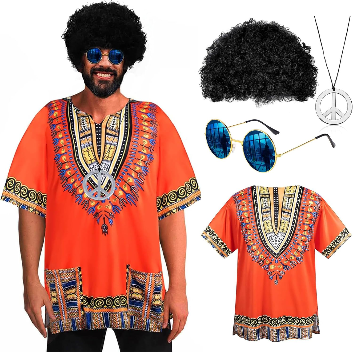 4 PCS Hippie Costume for Mens 60S 70S Disco T-Shirt Afro Wig Accessories Set for Halloween Party Cosplay