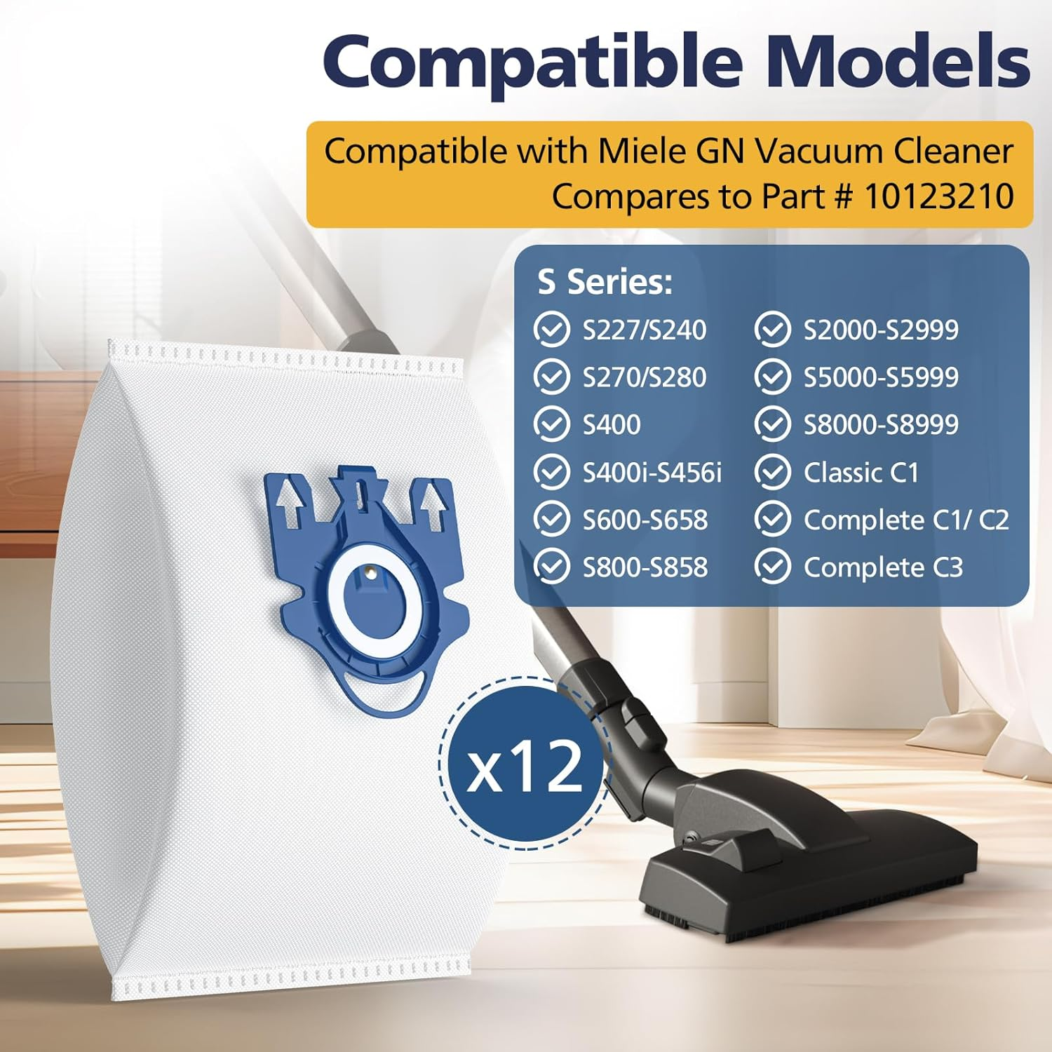 12 Pack 3D Airclean GN Vacuum Bags Compatible with Miele Classic C1, Complete C1, Complete C2, Complete C3, S227 S240, S270, S400, S2, S5, S8 Series Canister Vacuum Cleaner image number 6