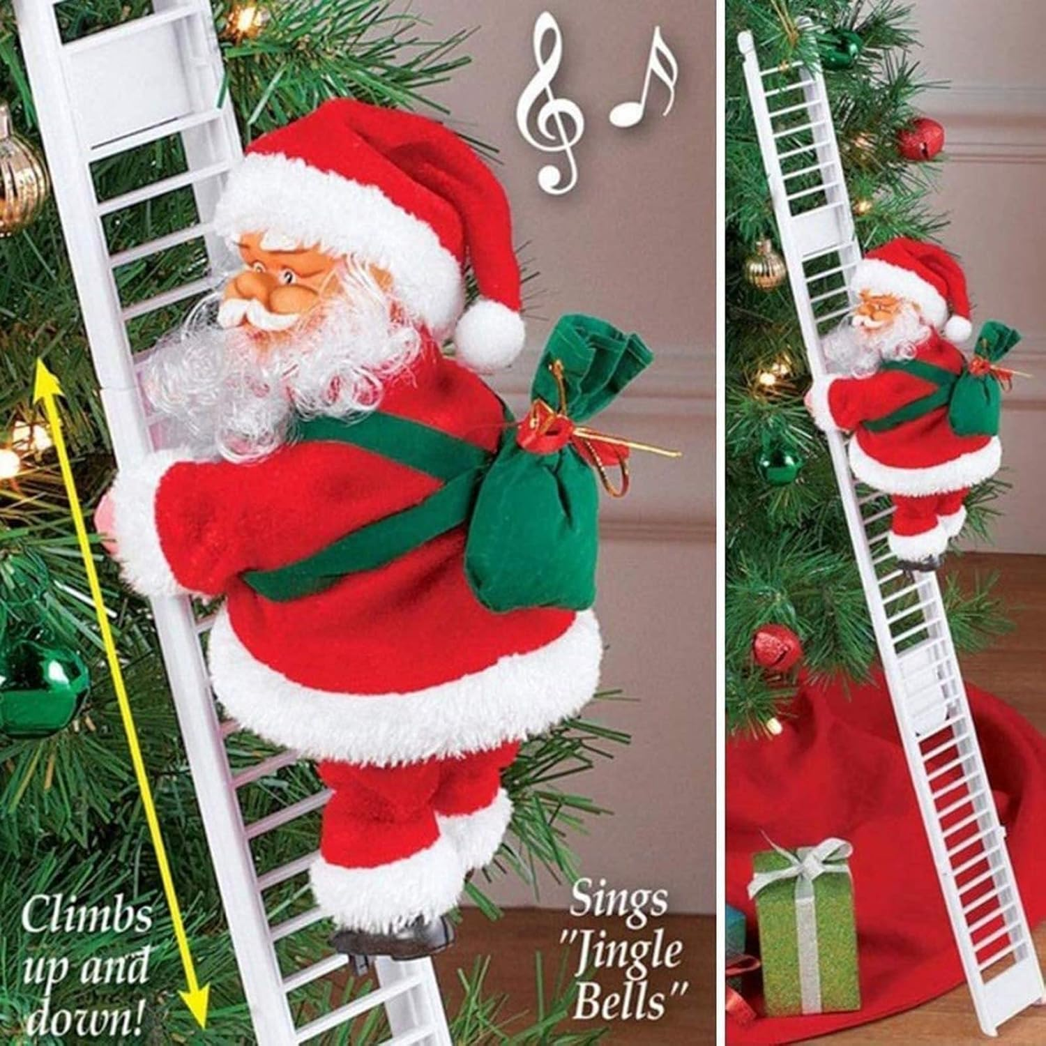 Electric Santa Climbing Ladder to Tree, Climbing up and down Santa Claus on Ladder with Music and Bag of Presents Tree Holiday Party Home Door Wall Decoration Xmas Ornament image number 3