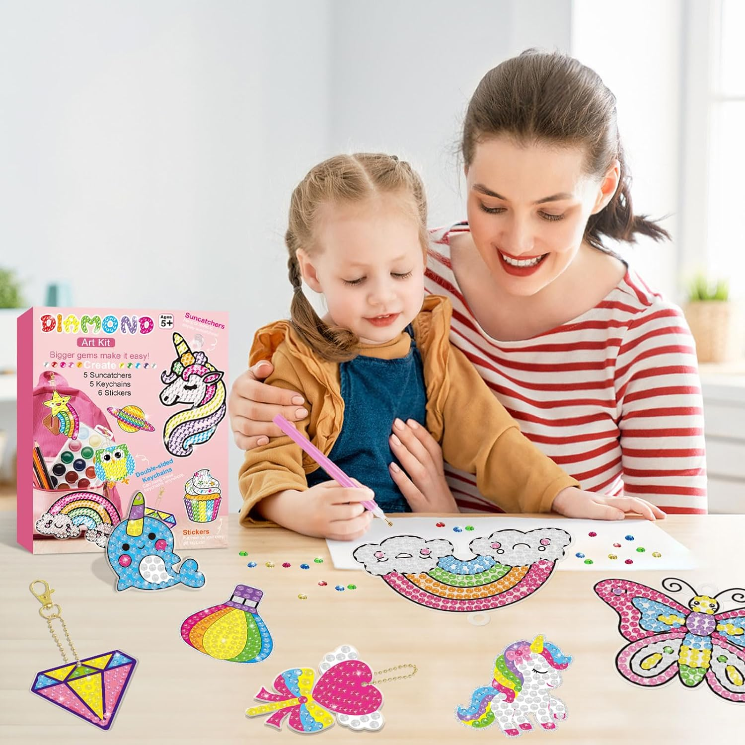 BANBBUR 16 Pcs Gem Art Kit for Kids Age 4-8, 8-12 - 5D Gem Diamond Art with 5 Suncatchers/5 Keychains/6 Magical Stickers - Painting Crafts for Christmas