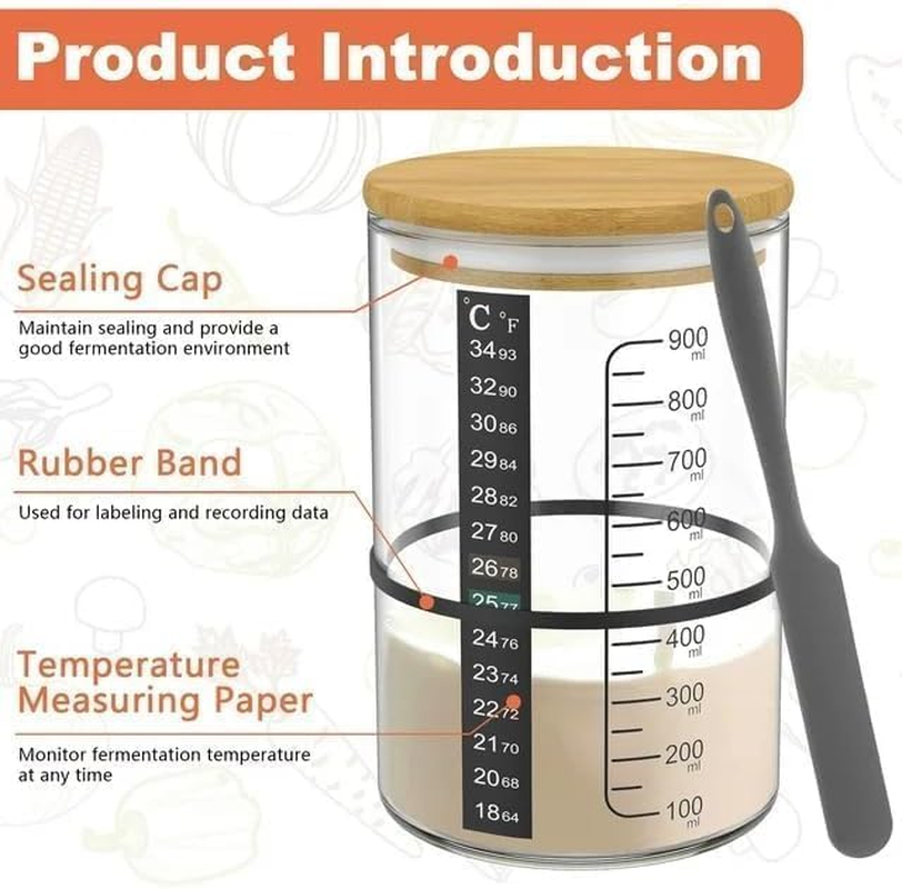 Sourdough Starter Jar, Myrthra 900Ml Sourdough Starter Container Glass Sourdough Starter Cup Wide Mouth with Wooden Lid Thermometer Strip Spatula Rubber Band Cloth Cover Lable Pen for Sourdough image number 2