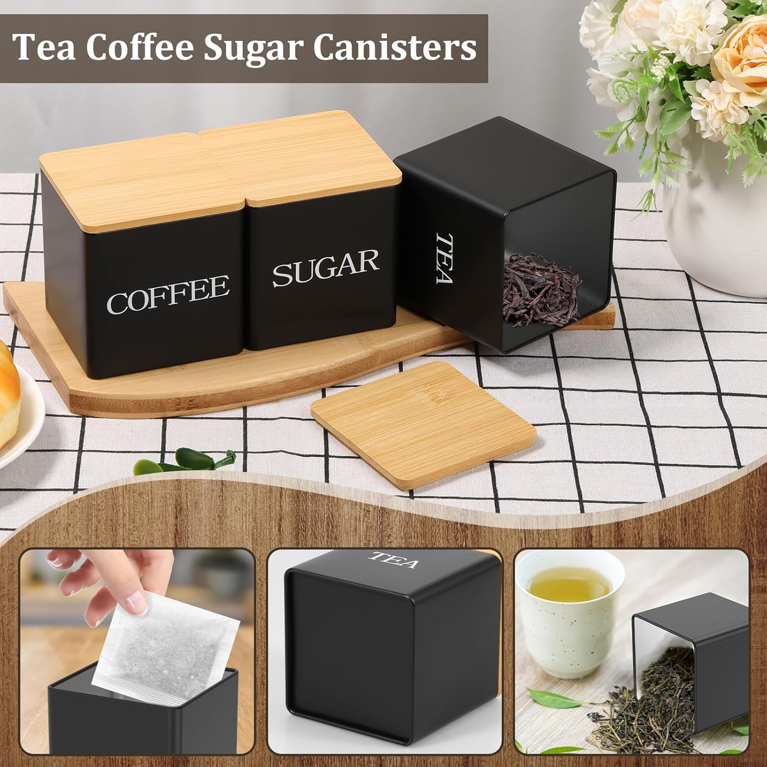 3Pcs Tea Sugar Coffee Canister Set with Bamboo Lids, Large Capacity Tea Sugar Coffee Container Set Sealed Space Saving Jar Set (Black) image number 3