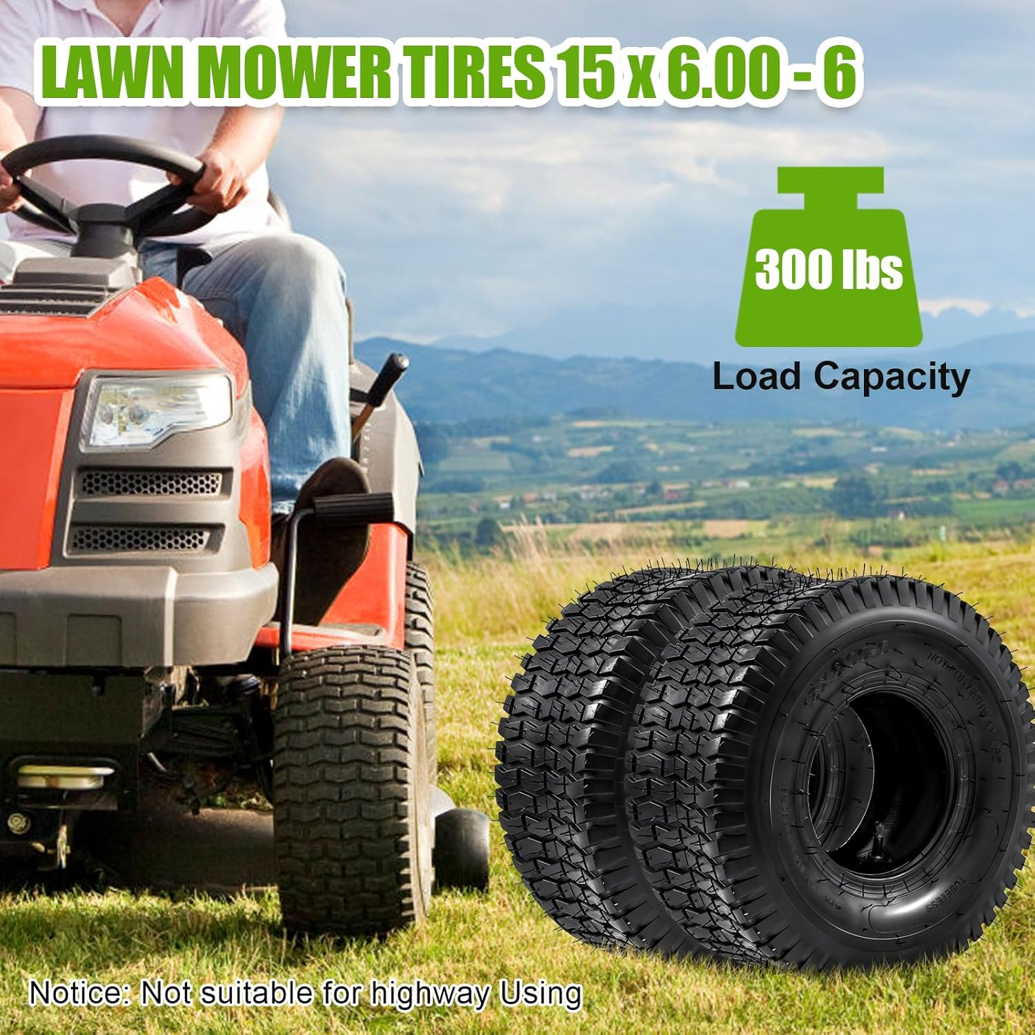 2 Pack 15X6.00-6 Tire and Inner Tube Set TR-13 Straight Valve Stem Natural Rubber 4 Ply with Tube 400 Lbs Capacity Replacement Riding Mower Front Wheel Assembly image number 2