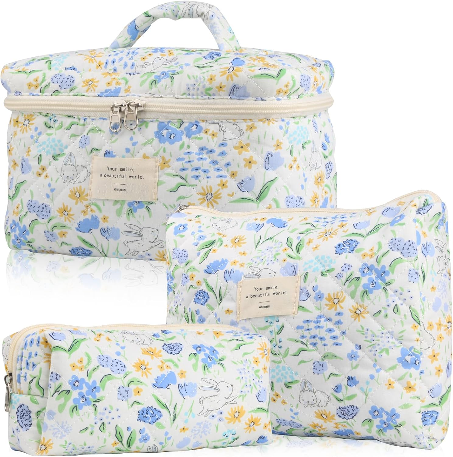 Cute Makeup Bag for Women(3 Pcs), Quilted Floral Coquette Aesthetic Make up Bags, Travel Cosmetic Bags Toiletry Organizer Bag, 12 - Blue Rose