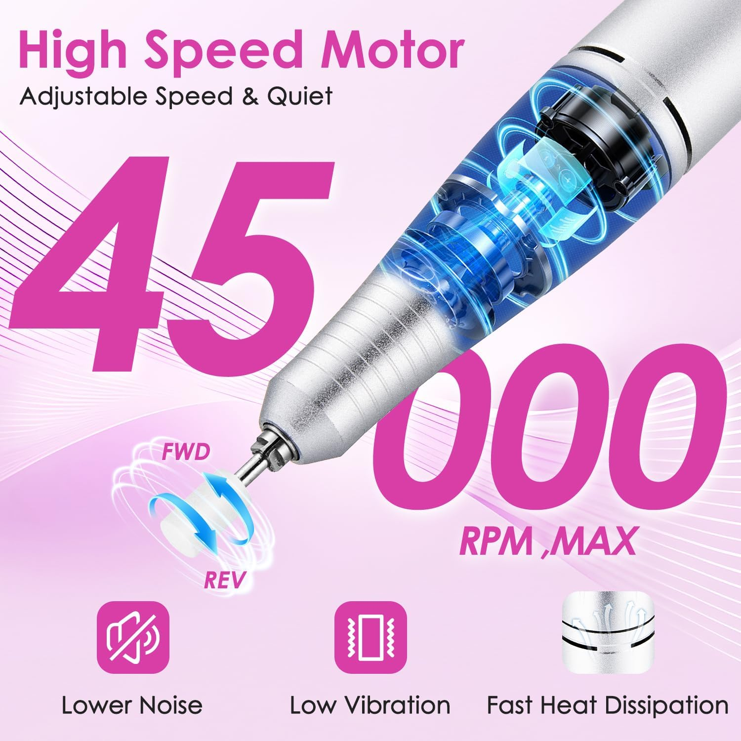 AUTOWT Portable Electric Nail Drill Professional with LED Display, Rechargeable 45000RPM Electric Nail File with 11 Nail Drill Bits, Low Noise, Low Vibration for Manicure Pedicure Salon Home (Pink) image number 3