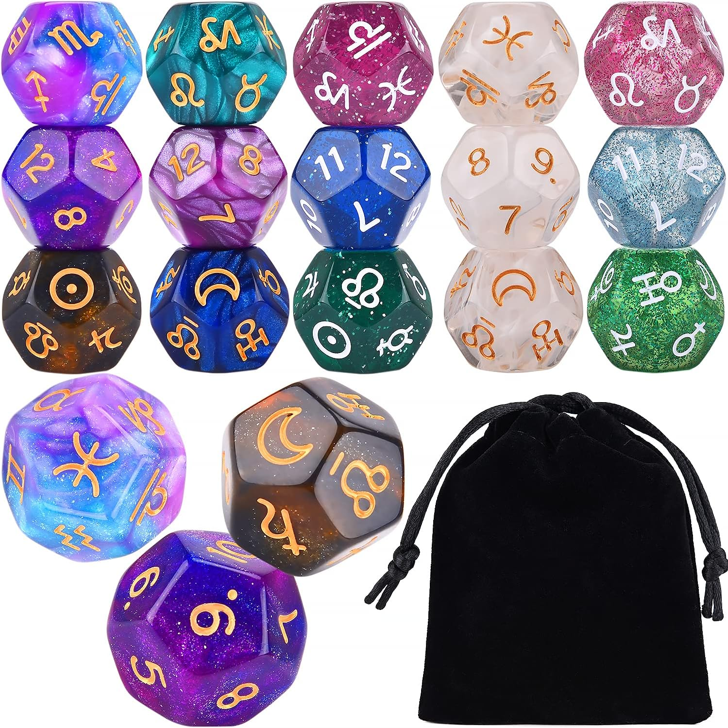 6 Sets Astrology Dice, Signs Planets Numbers 12-Sided Dice Divination Tool image number 1