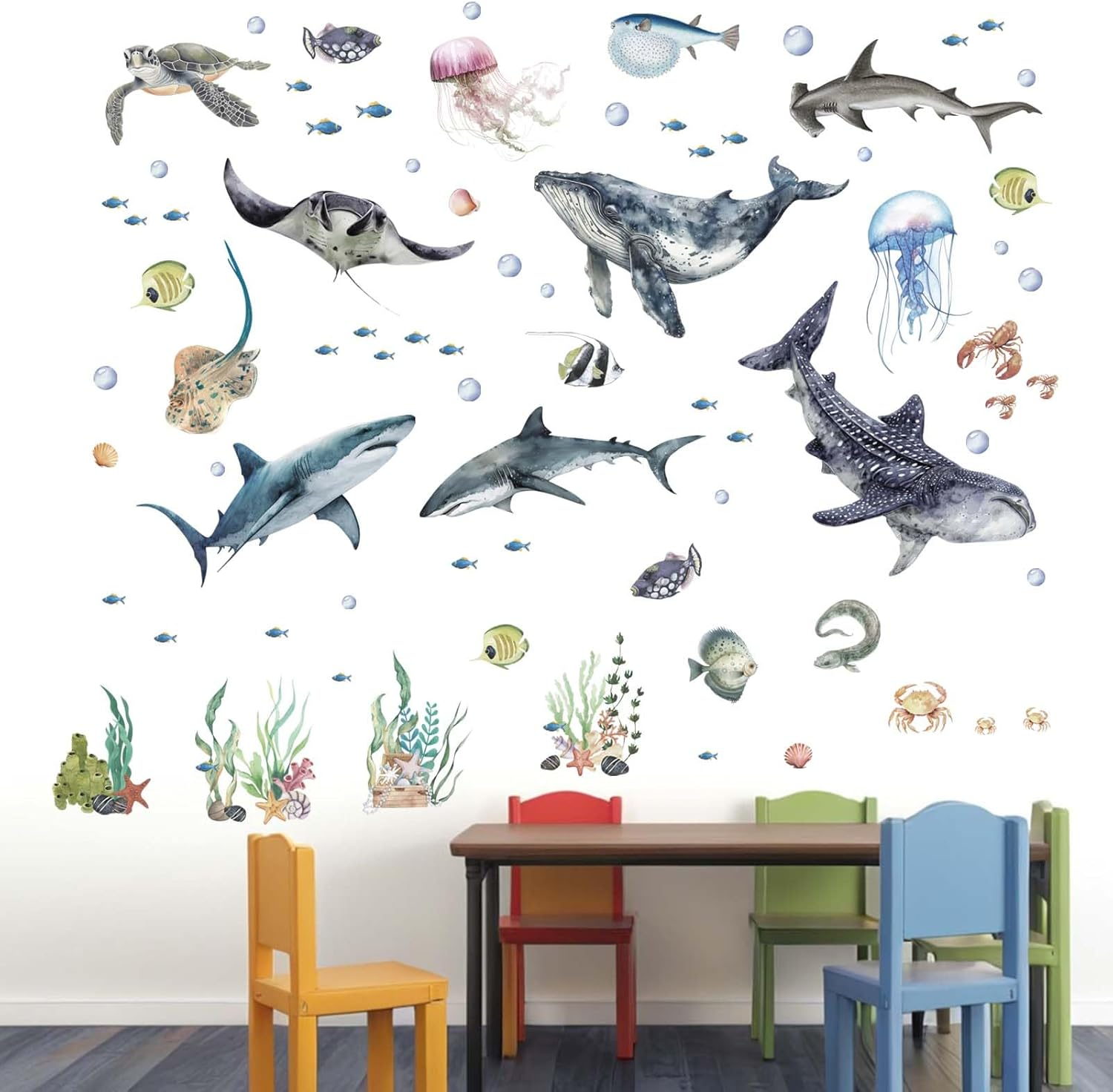 3 Pieces under the Sea Wall Decals - Marine Theme Shark Whale Fish Sea Turtle Ocean Wall Stickers - Bathroom Baby Nursery Kids Bedroom Daycare Wall Decor image number 3