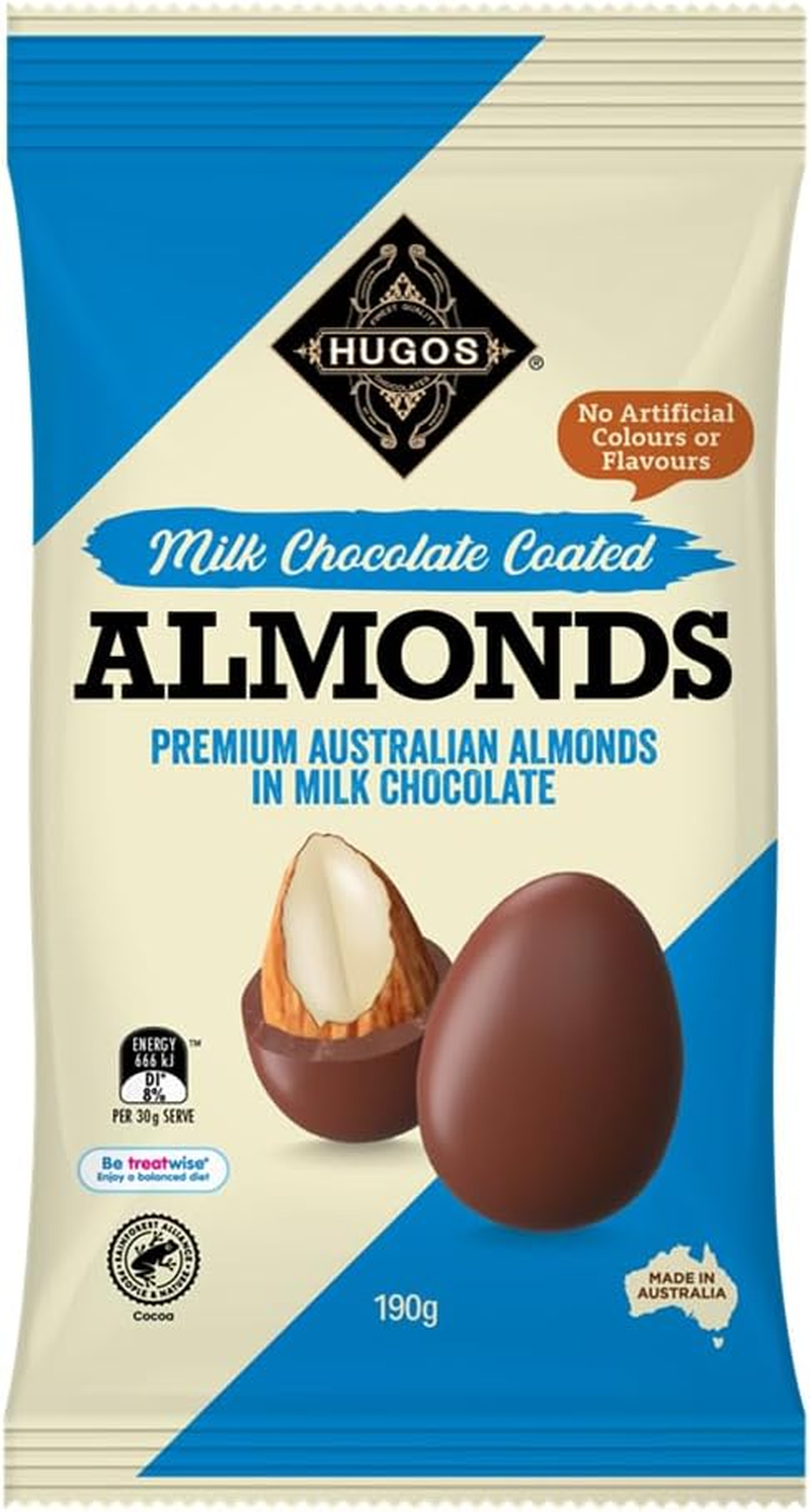 Hugos Chocolates Milk Chocolate Coated Almonds 190G Pack of 12, Healthy Snack, Atkins-Friendly, Dry Roasted Almond Coated with 30% Chocolate