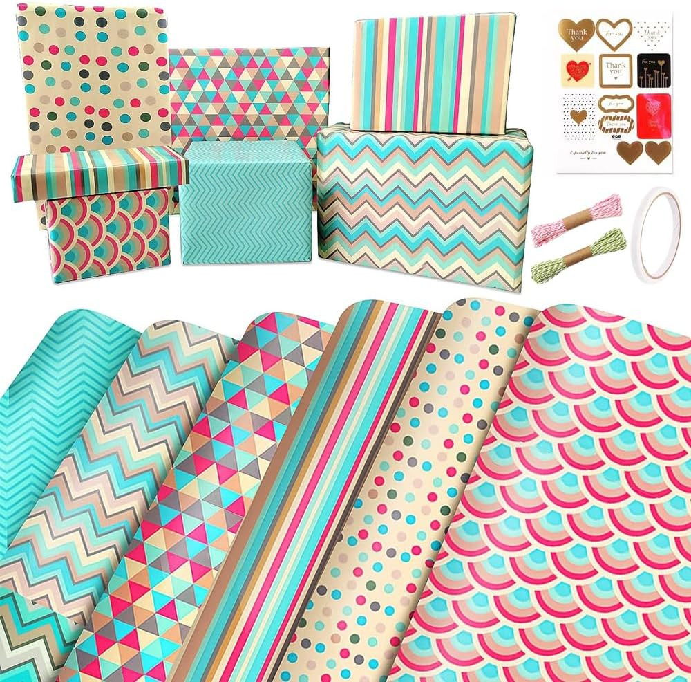 FLTON Gift Wrap Set, 6 Pack Wrapping Paper with Sticker, Eco Friendly 70Cm X 50Cm, Perfect for Birthday, Wedding, Christmas