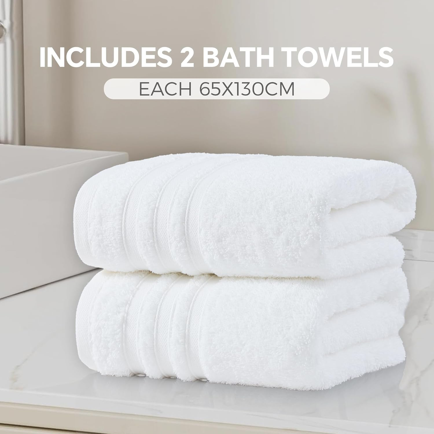 LINENOVA 100% Cotton Bath Towels 2 Pack - Premium 450GSM Soft & Lightweight Towel Set, Quick Dry & Absorbent Bathroom Towels, Ideal for Hotel, Spa and Gym Use (65X130Cm, White) image number 2