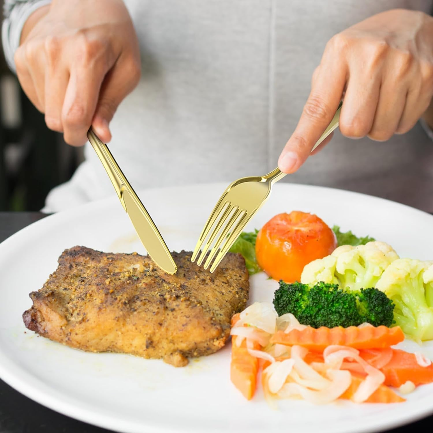 200 Heavy Duty Gold Plastic Silverware,100 Forks, 50 Spoons, 50 Knives, Bpa-Free,Reusable Gold Plastic Utensils Set, Plastic Cutlery Set, Party Wedding Dessert Picnic Christmas Catering image number 5