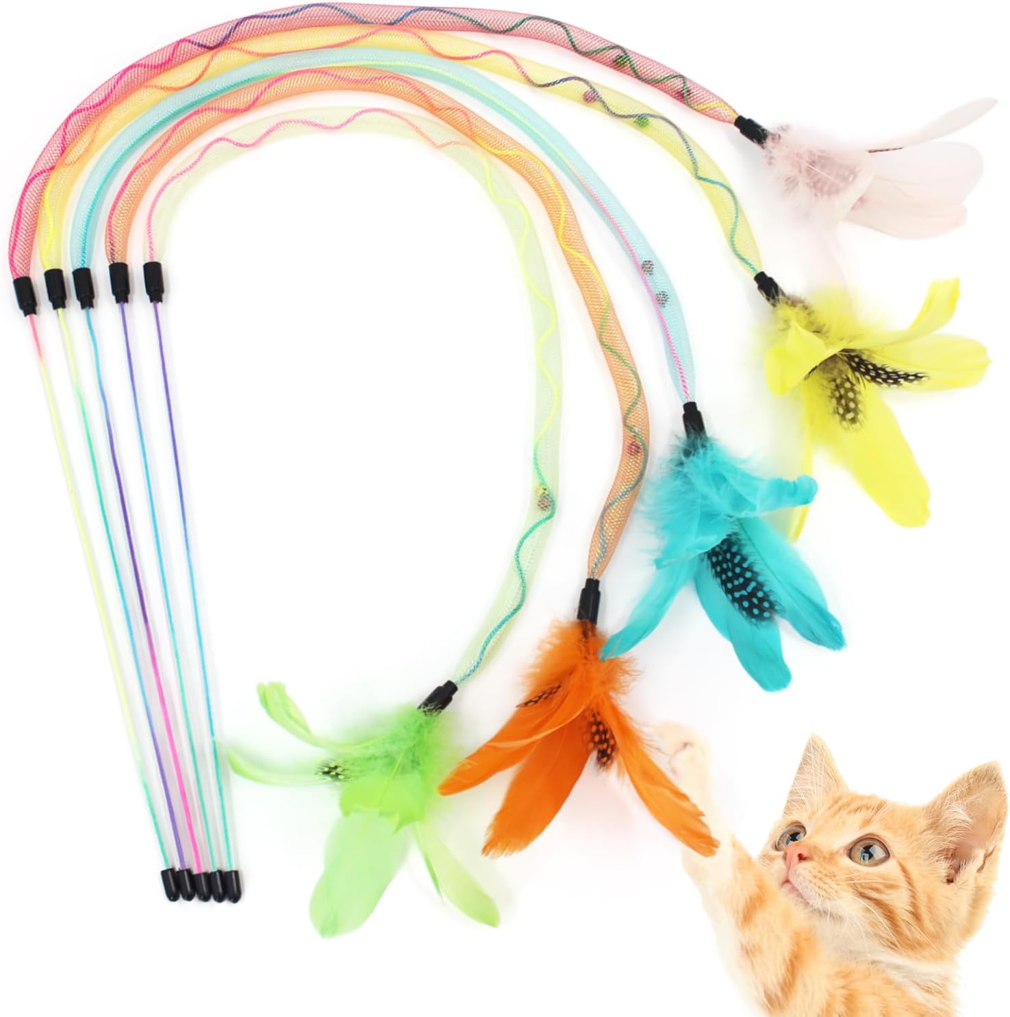 SONGWAY Cat Rainbow Wand Toy - Rainbow Cat Feather Toys with Bells, Colorful Mesh Teaser Wand with Feather Tail, Interactive Toys for Indoor Cats Kittens, Light Color image number 1