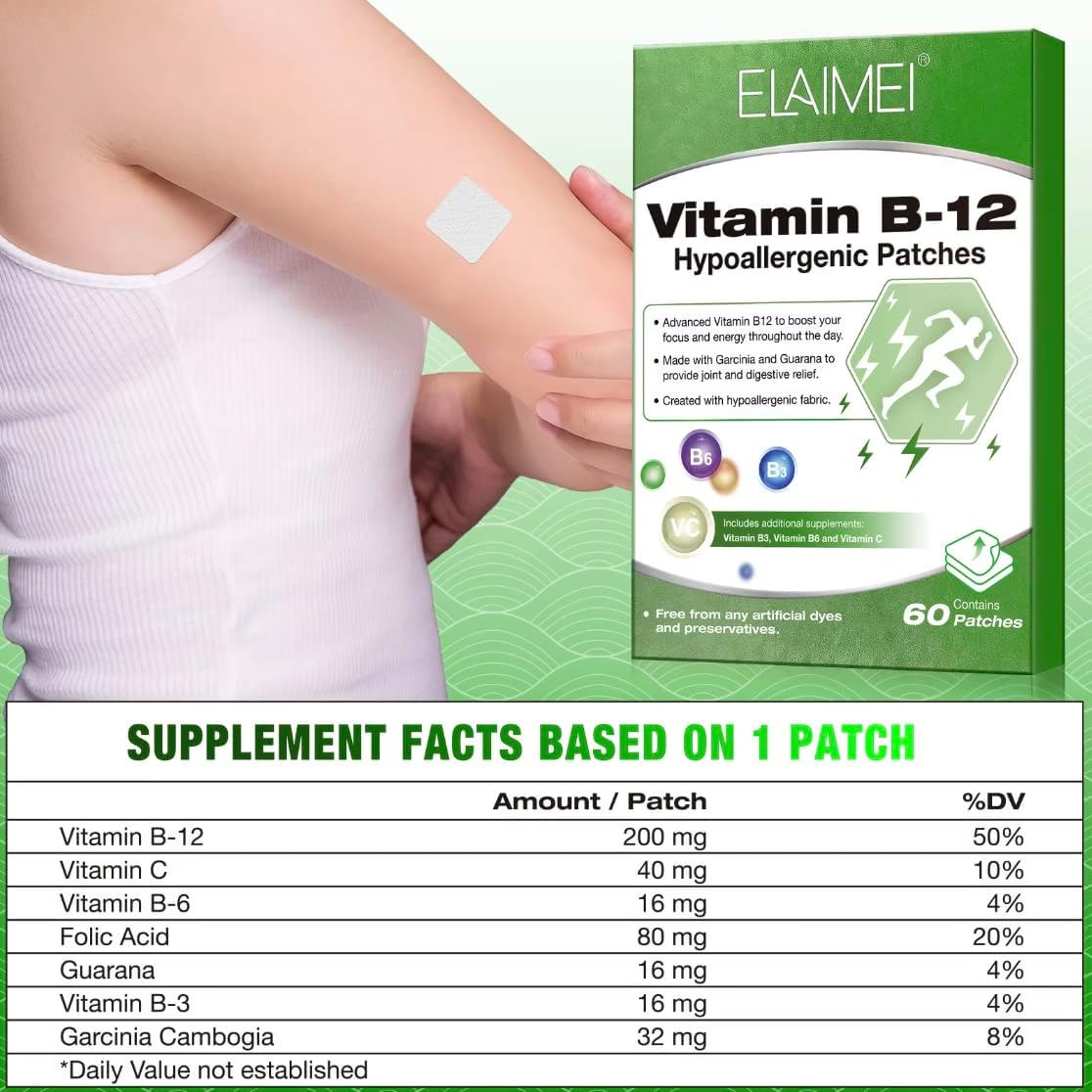 Energy Boost Vitamin B12 Patches - Hypoallergenic, Easy-To-Use, Long-Lasting Transdermal Supplement for Natural Energy, Focus & Mood Support - Vegan, Non-Gmo, Fast Absorption for Men & Women