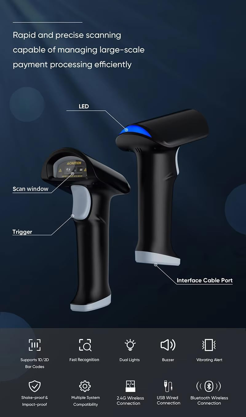 High-Speed Wireless 2D Scanner 640 * 480 CMOS, Bluetooth 2.4G & USB Interfaces Warehouse Inventory Scanning, 1.5M Drop Proof Barcode & QR Code Reade for Retails(Grey) image number 6