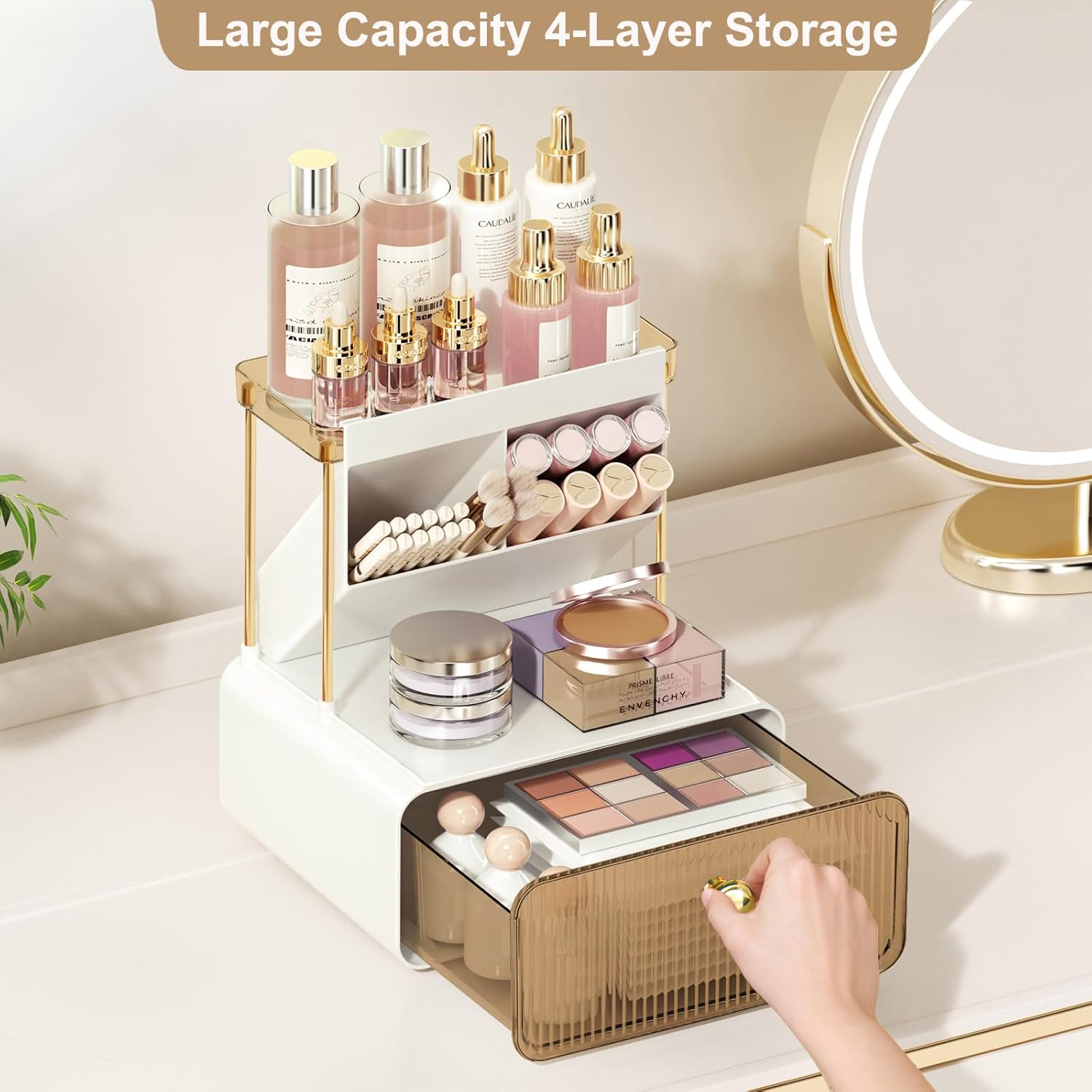 Makeup Organizer Countertop 2-Tier 1-Drawer Cosmetics Organiser Skincare Makeup Organiser Shelf Brush Holder Vanity Organiser (Amber) image number 2