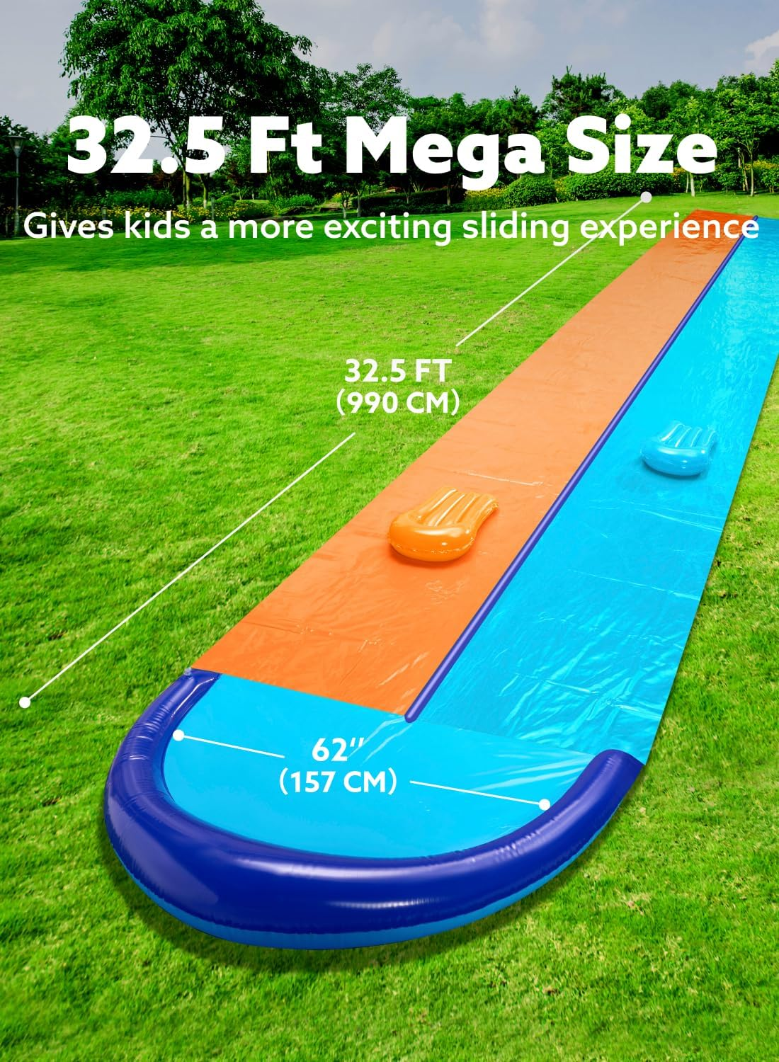Sloosh 32.5FT Double Water Slides, Heavy Duty Lawn Slip with Sprinkler and 2 Inflatable Boards Backyard Yard Lawn Summer Outdoor Water Toy for Kids Adults