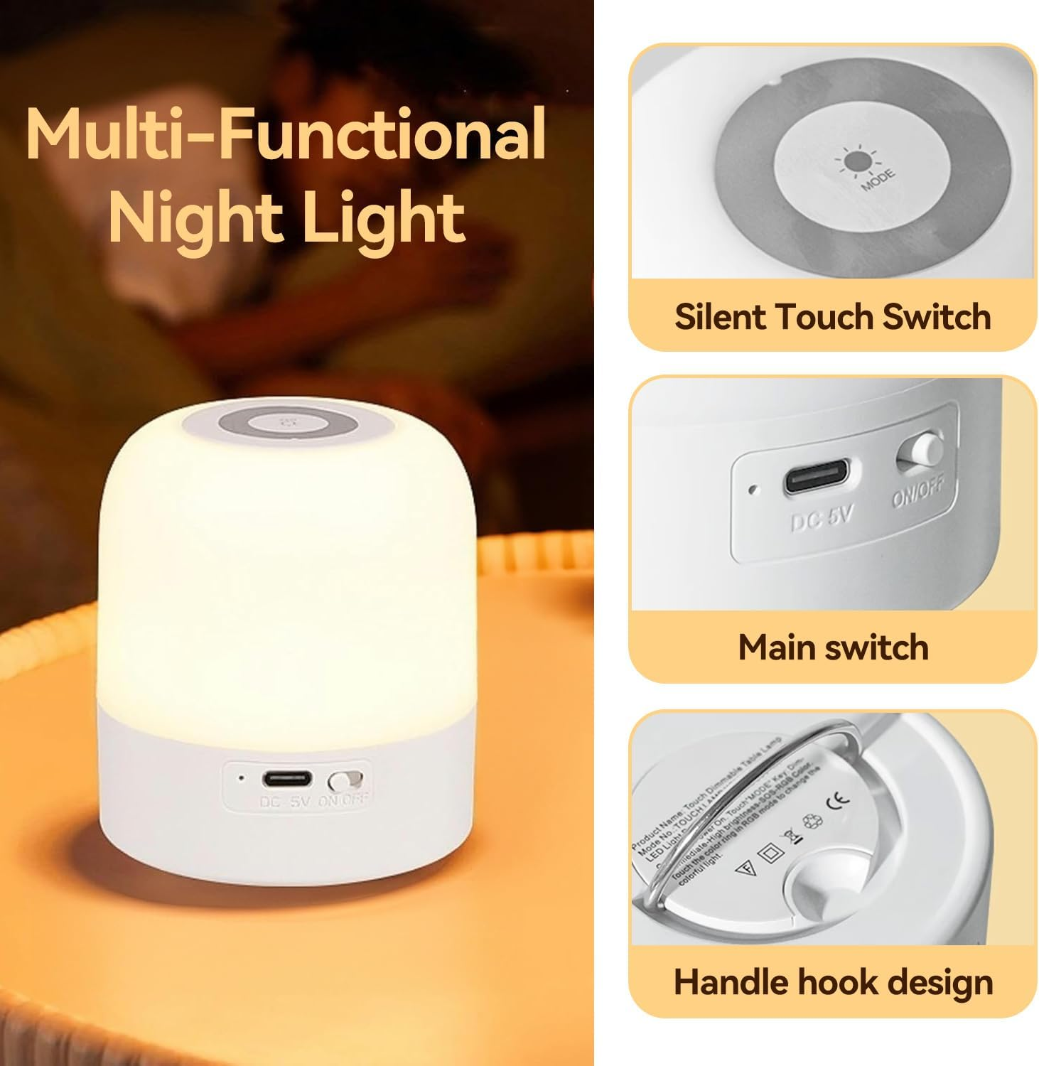 Baby Night Light for Kids 3 Lighting Modes Touch Light USB Rechargeable Lamp Portable Light for Bedroom image number 5