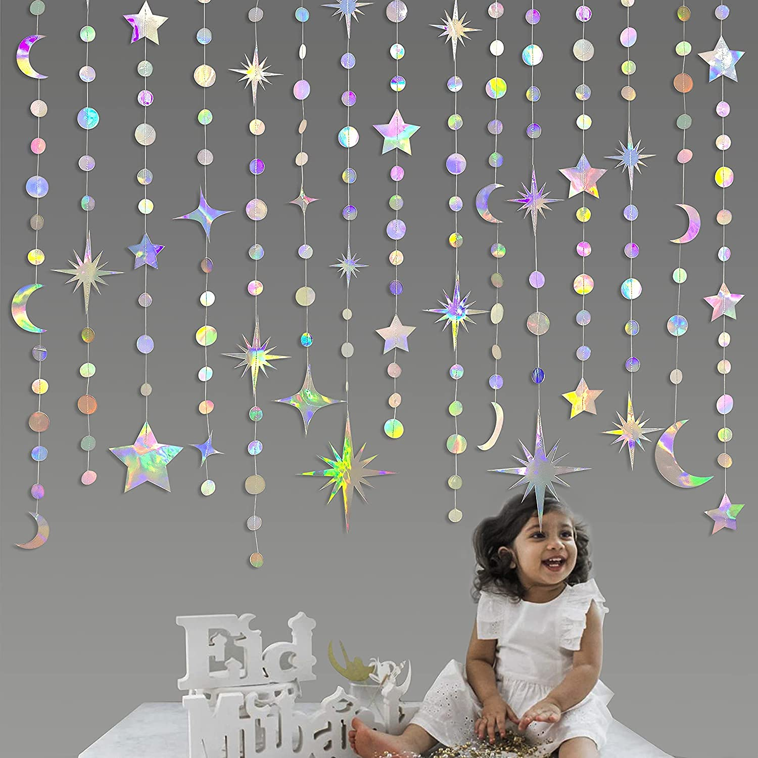Iridescent Moon Star Polka Dot Garland Holographic Hanging Circle Dot Twinkle Star Streamer Bunting Banner for Birthday Baby Shower Wedding Bridal Shower Ramadan EID Mubarak Party Decorations Supplies image number 2