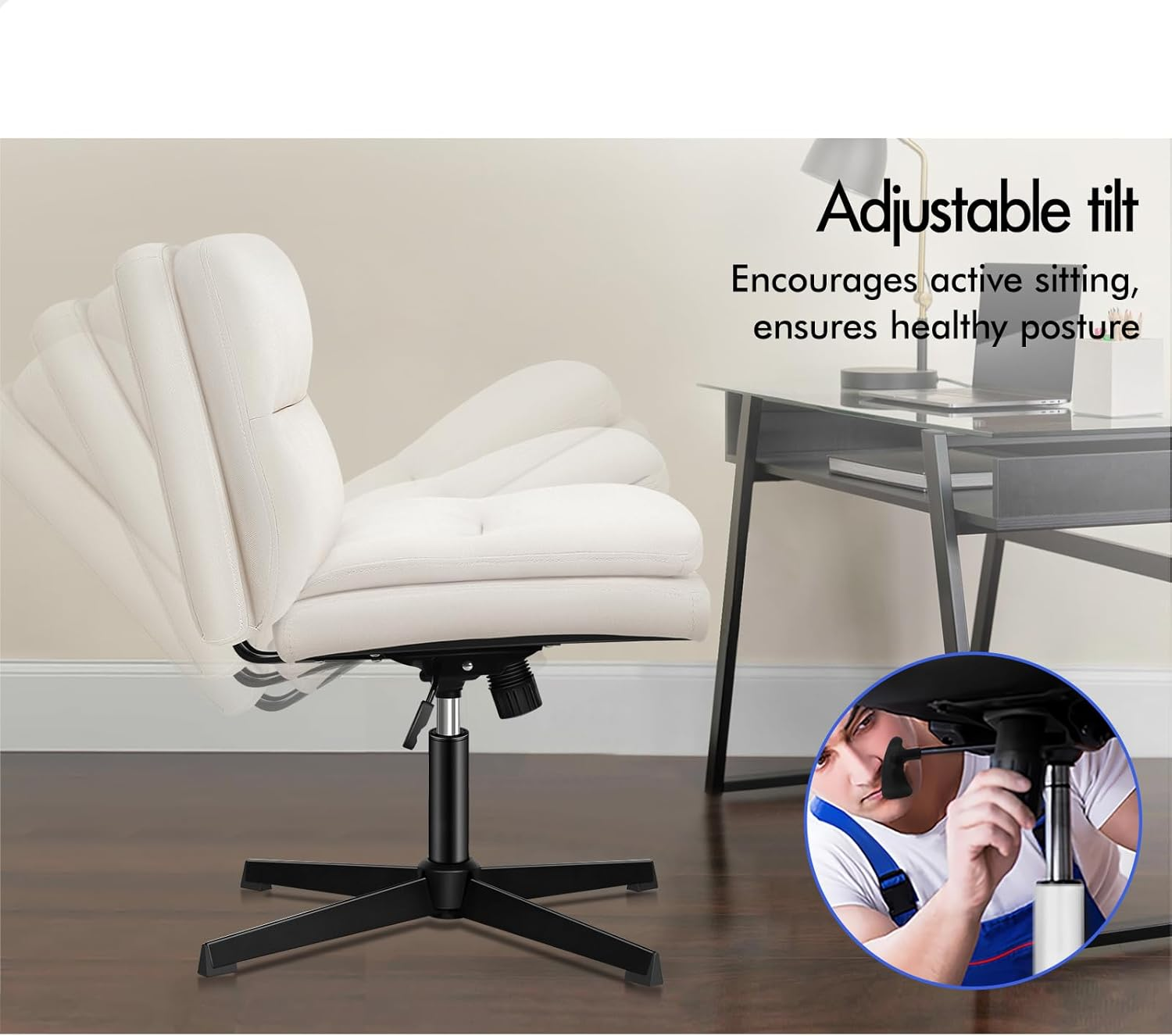 ALFORDSON Criss Cross Desk Chair with Ottoman Stool Pax Series, Cross Leg Office Chair with Mid-Back, Tilt, Height Adjust and Swivel, Armless Ergonomic Gaming Chair, 180Kg Capacity, Fabric Beige image number 4