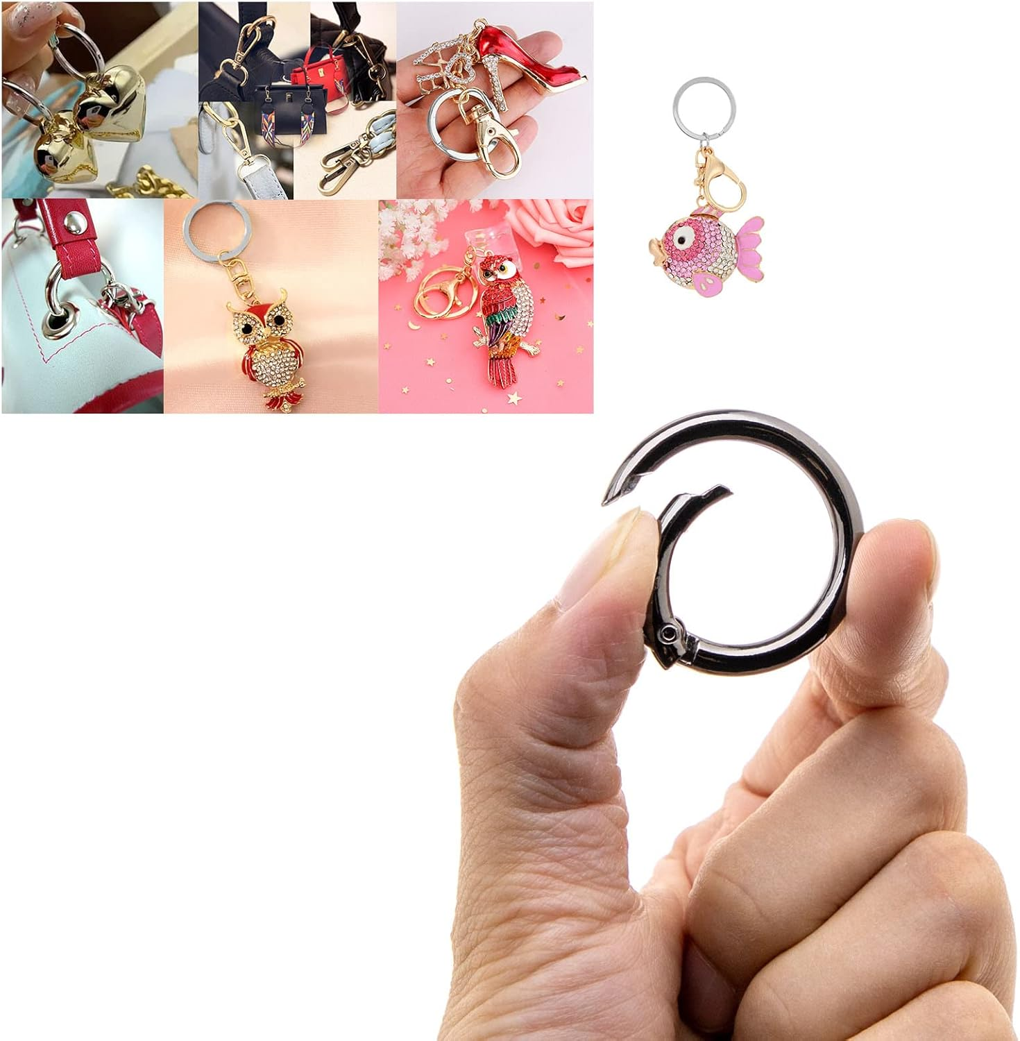 Emsea 15Pcs Spring O Ring Alloy round Carabiner Snap Clip Hook Trigger Spring Keyring Buckle 5 Styles for Bags Purses Keychain Backpack Handbag Black