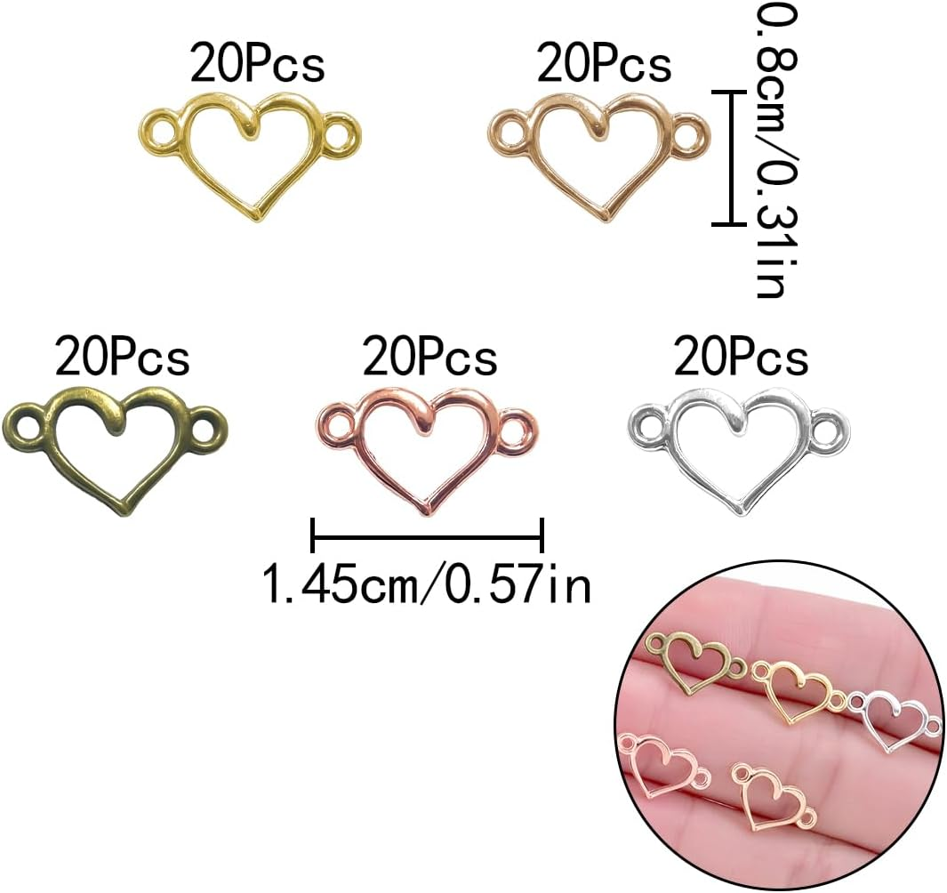 BEZANU Metal Heart Charms, 100 PCS Multicolor Alloy Heart Connector Pendant for Jewelry Making, Bracelets, Art Craft (5 Colors) image number 5