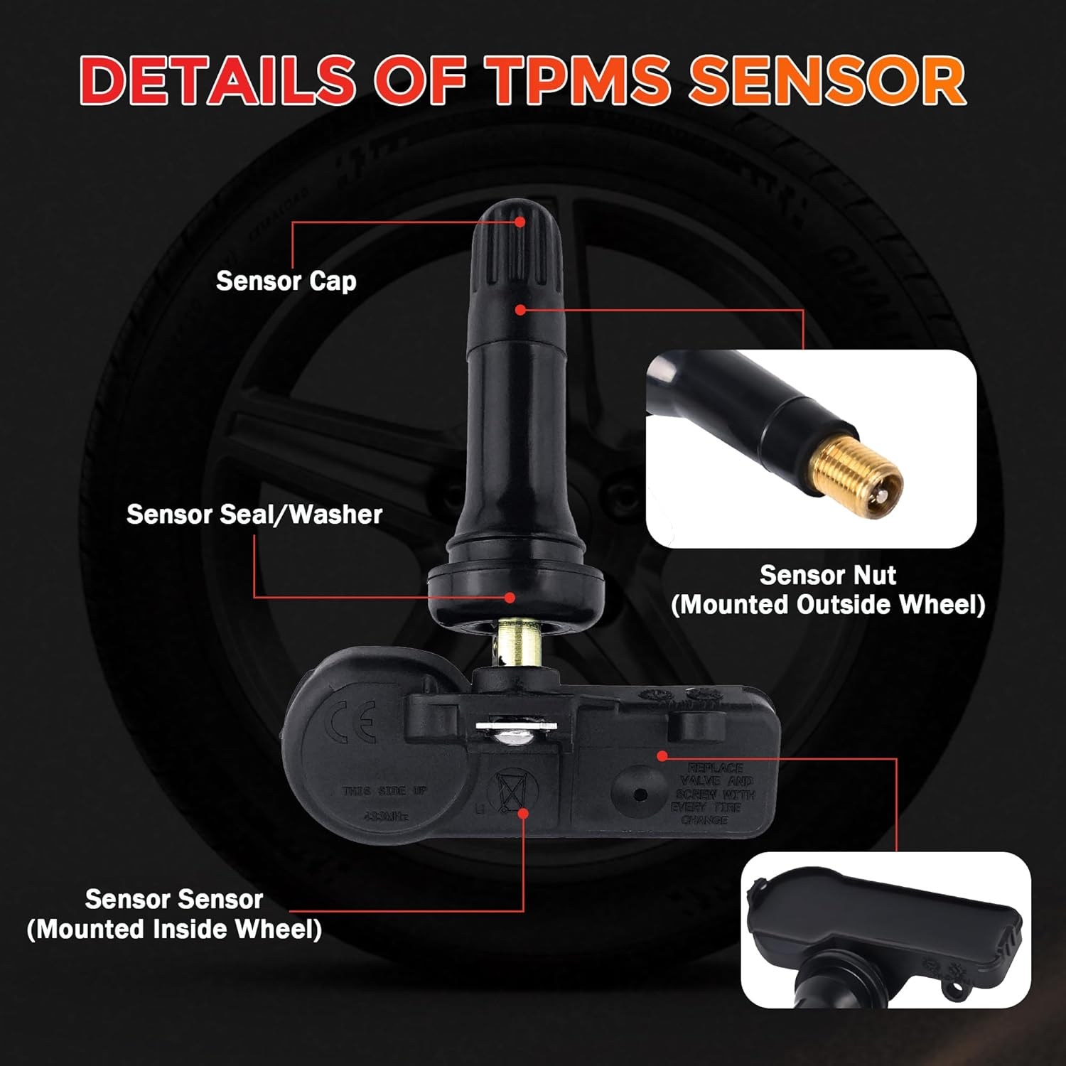 Set of 4 TPMS Tire Pressure Monitoring System Sensor 433Mhz Compatible with Jeep Wrangler JK Dodge Ram Charger Replacement for 56029398AB 68142397AA 68241067AA 68241067AB image number 2