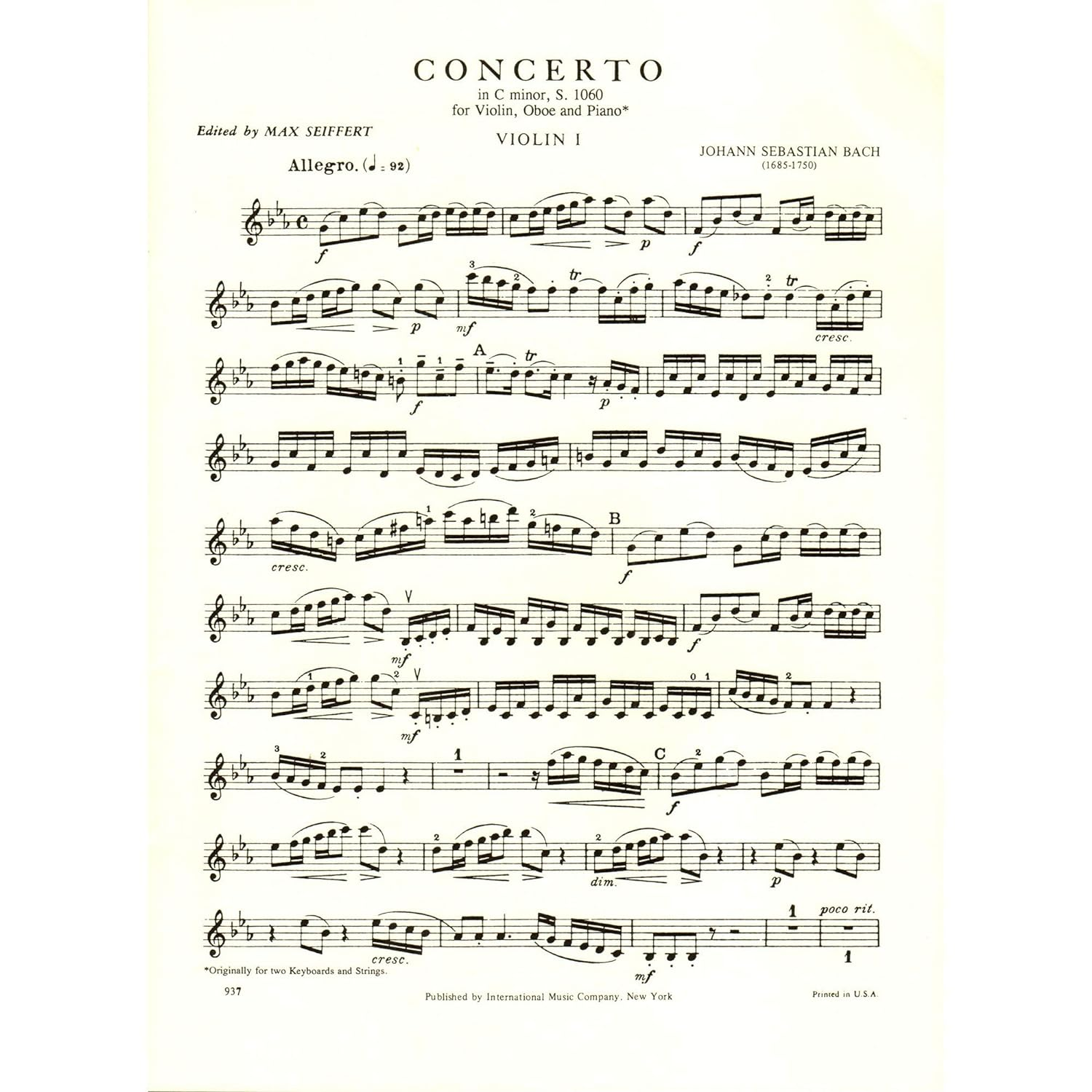 Bach, J.S. Concerto in C Minor, BWV 1060R Violin Oboe and Piano/ Two Violins and Piano Max Seiffert