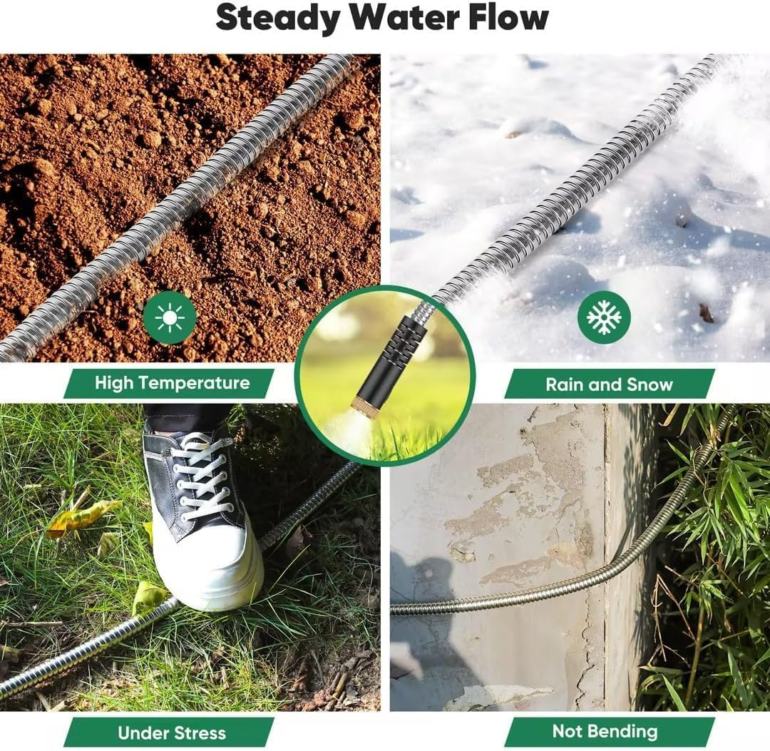 304 Stainless Steel Garden Hose 50Ft, Heavy Duty Water Hose with 10 Functional Nozzles, No Kink, Lightweight and Flexible, Easy to Use and Store, Strong and Sturdy, Suitable for Yard and Lawn