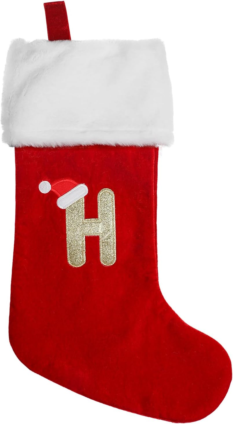 VEYLIN Christmas Stockings with Letters, 20 Inch Large Plush Christmas Stockings Embroidered Stockings Stockings for Kids/Adult Red Letter(H) image number 3