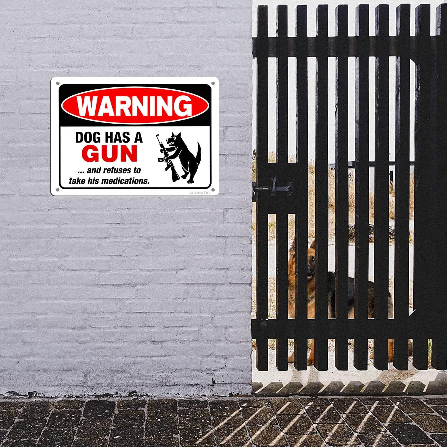'Beware of Dogs' Aluminum Metal Sign - 8"X12", Funny Dog Warning with Gun Refuses Medications image number 4
