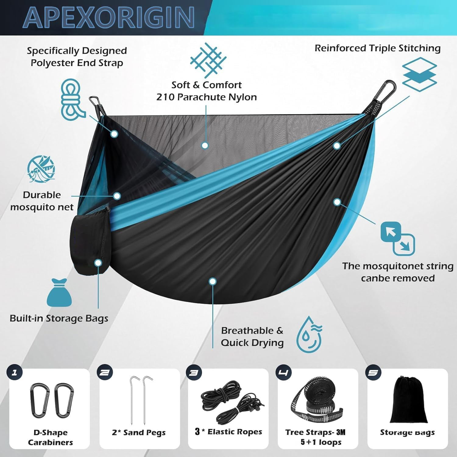 APEXORIGIN Camping Hammock with Mosquito Net, Portable Hammocks with Adjutable Loops and Tree Straps, Double & Single Hammock Tent for Outdoor, Hiking and Travel (Blue) image number 2