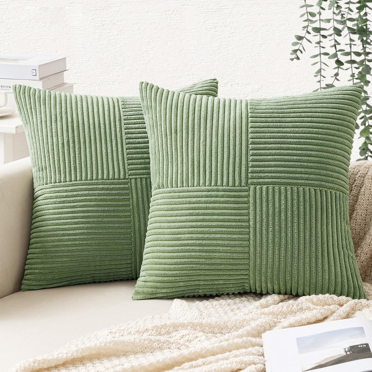 2 Pack Beige Boho Decorative Corduroy Throw Pillow Covers 18X18 Inch Soft Pillow Covers Solid Pillowcases Cross Patchwork Textured Cushion Covers for Living Room Decor Couch Bed Sofa-Yellow