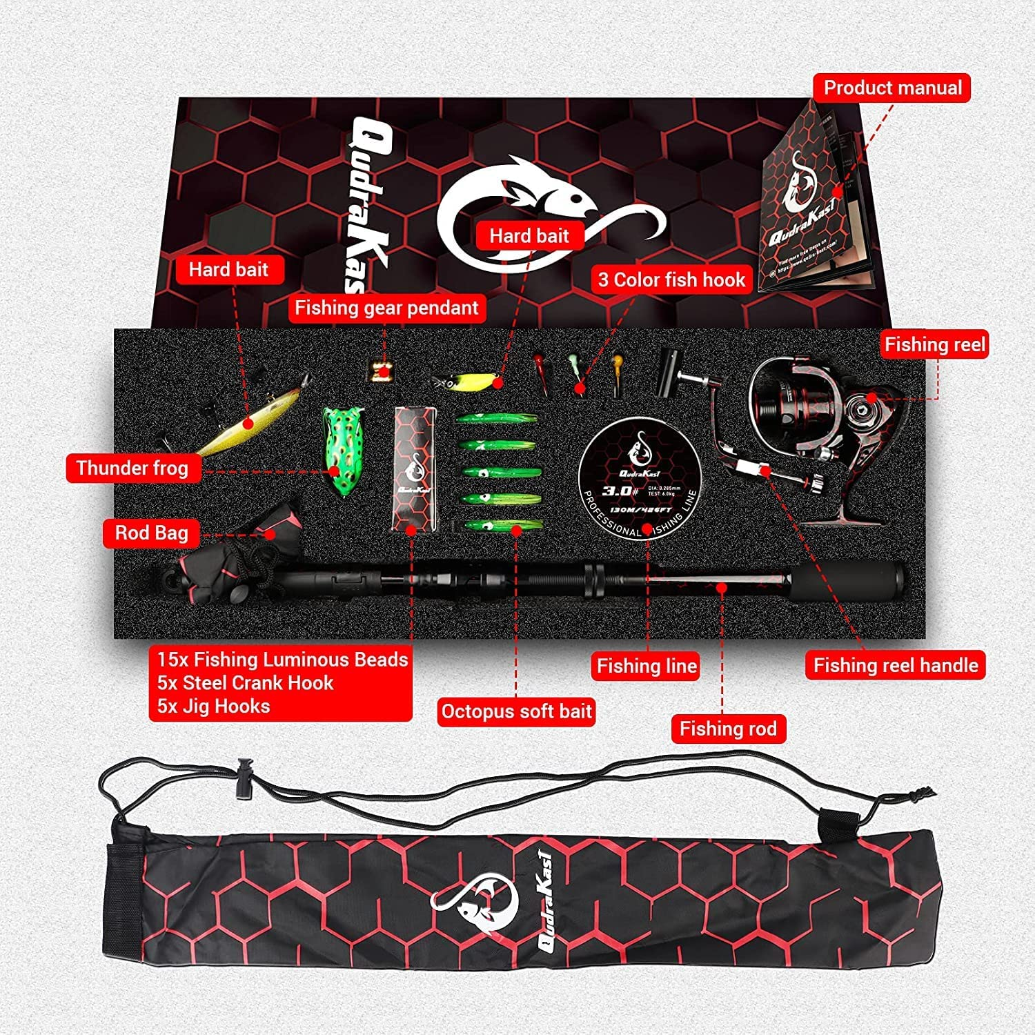 QUDRAKAST Fishing Rod and Reel Combos, Unique Design with X-Warping Painting, Carbon Fiber Telescopic Fishing Rod with Reel Combo Fishing Rod Kit with Tackle Box, Best Gift image number 6