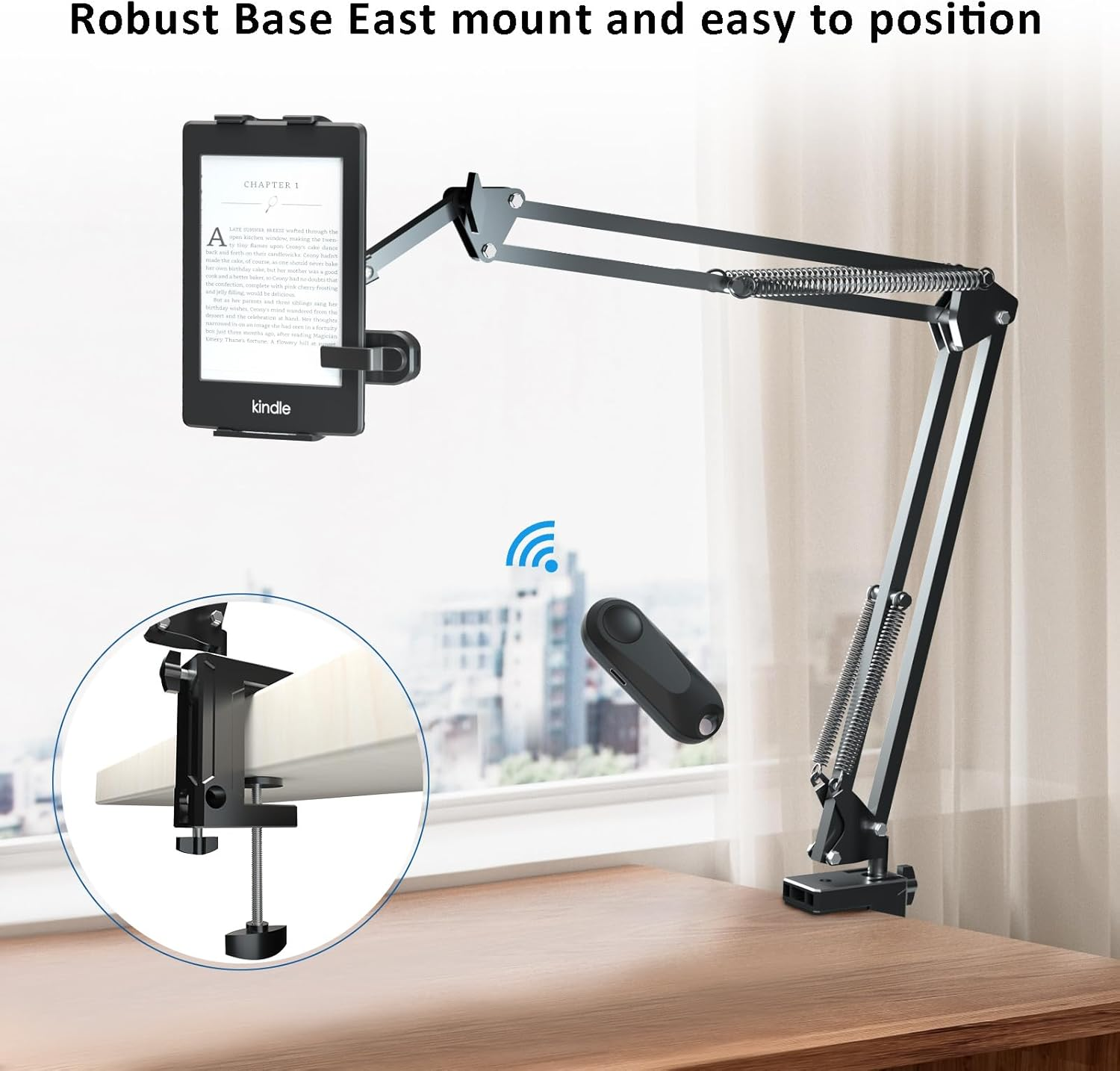 Tablet Holder for Kindle Reading in Bed with Remote Page Turner, Easy Adjust Hands Free Lazy Arm Mount for Kindle Accessories, Gifts for Readers image number 6