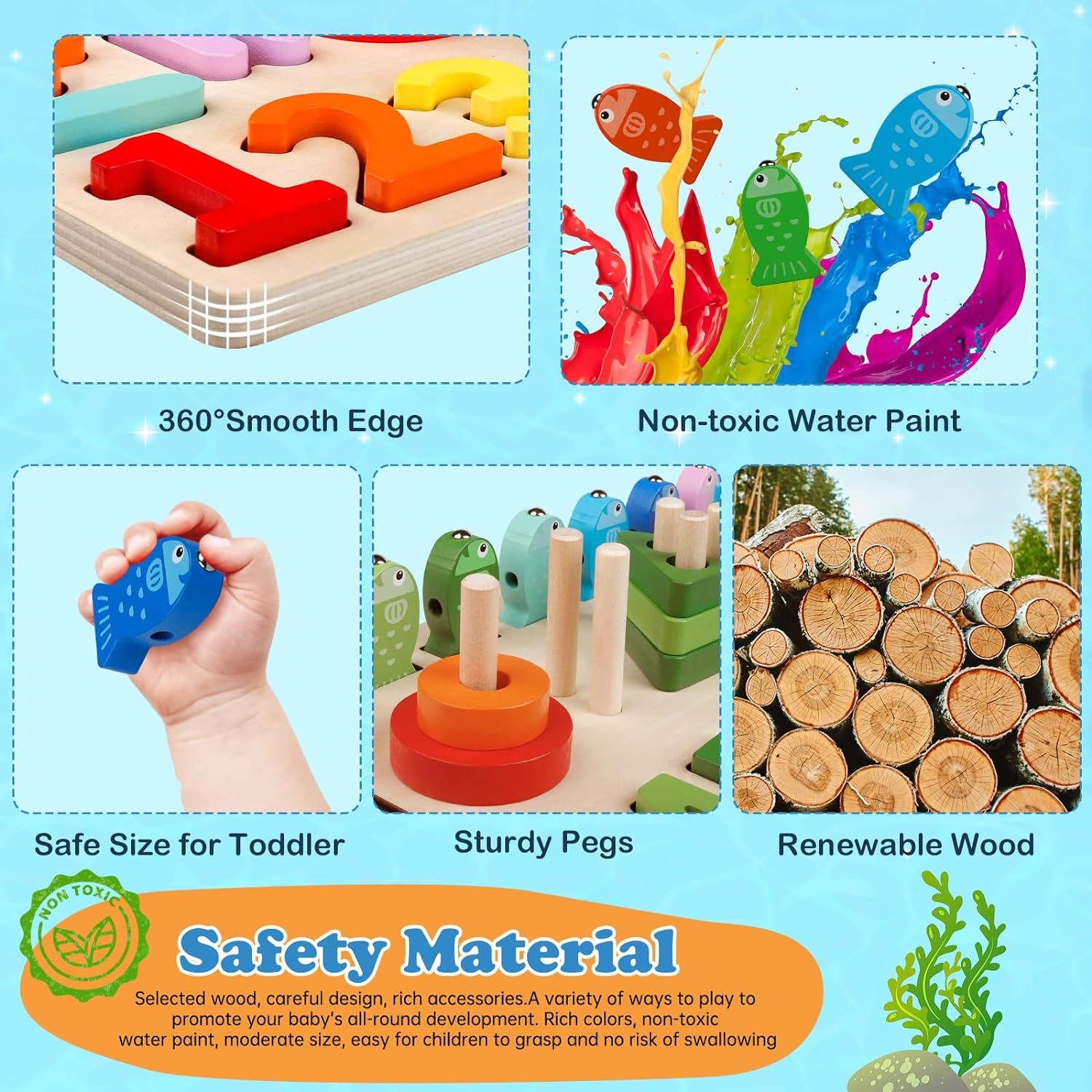 Montessori Toys for Toddlers 1-3 Year Old 5 in 1 Wooden Toys Sorting & Stacking Toys Magnetic Fishing Game Educational Toys for Age 2 3 4 Year Olds Boys Girls Birthday Gifts image number 5