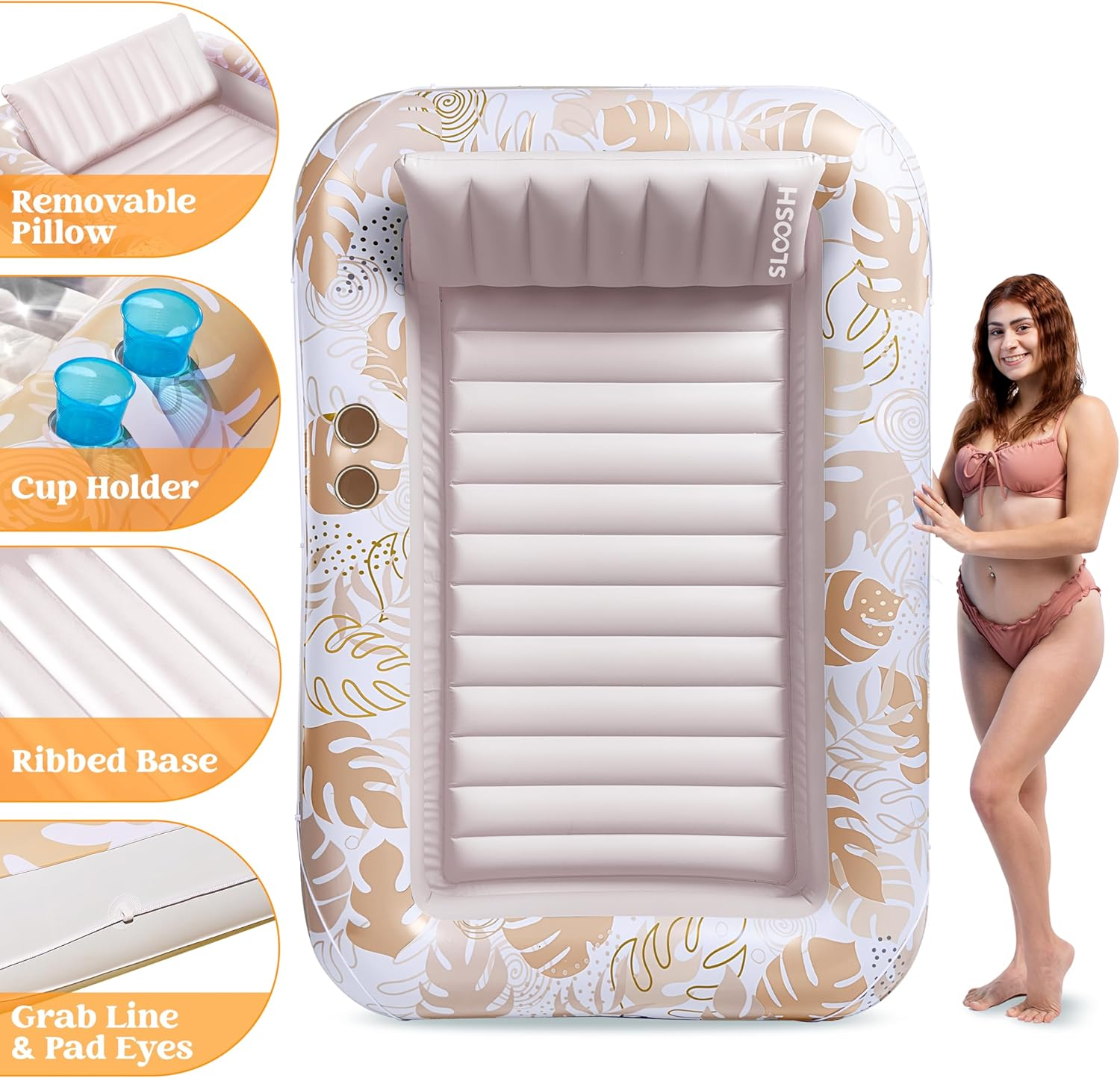 SLOOSH Inflatable Tanning Pool Lounger Float, 70" X 46" Pool Floats Adult with Pillow, 4 in 1 Suntan Tub Raft Floatie,Sunbathing Bed Lounge for Water Blow up Kids Ball Pit Party Gifts, L-Champagne