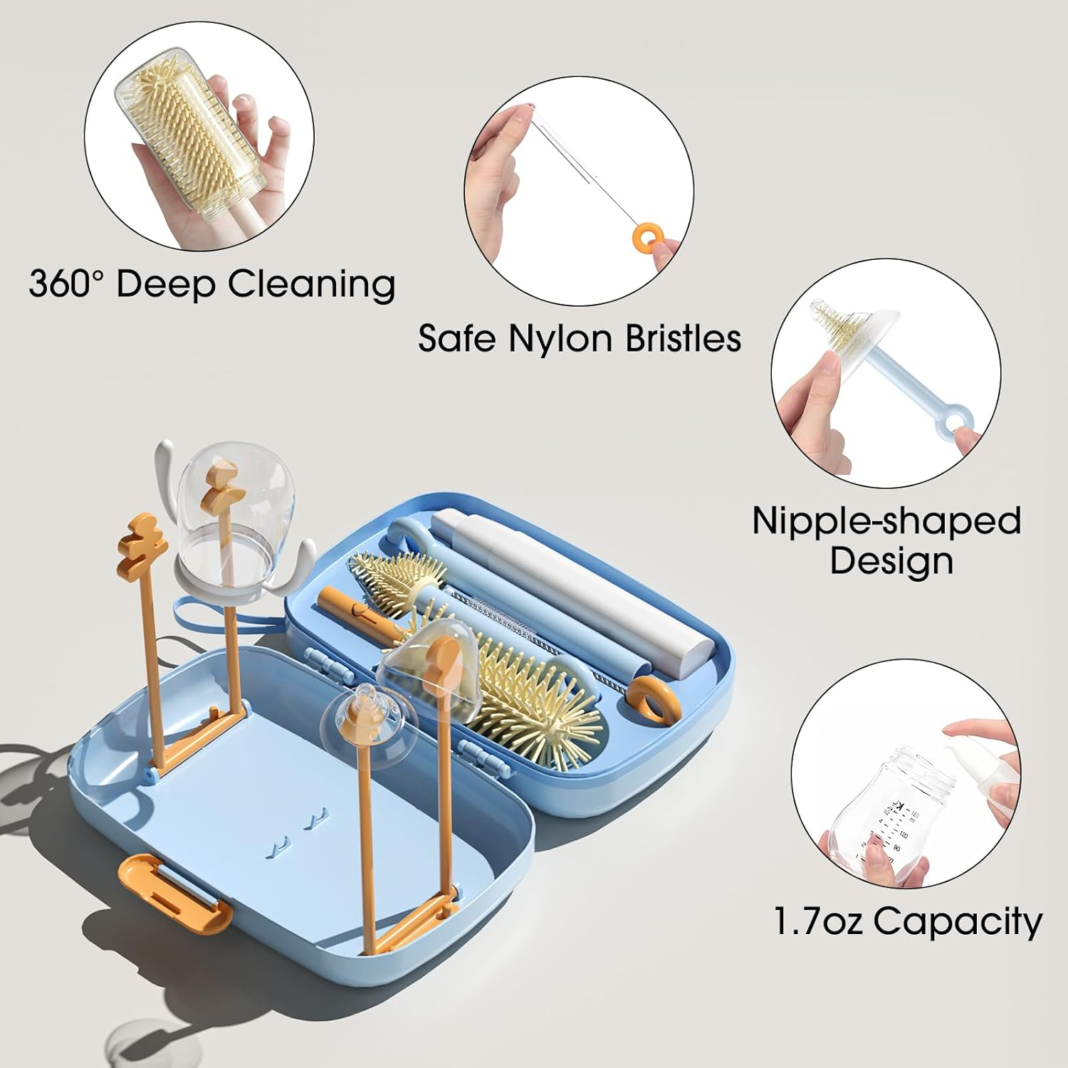 7 in 1 Baby Bottle Cleaner Set with Drying Rack, Draining Tray, Detachable Brushes for Bottles, Nipples, Straws, Soap Dispenser, Ideal Travel Gifts image number 5