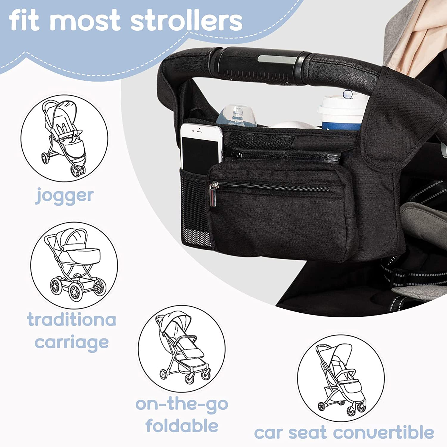 Universal Pram Organiser Bag Large Stroller Organiser with Cup Holders and Shoulder Straps, Stroller Accessories for Diapers Toys & Snacks image number 2