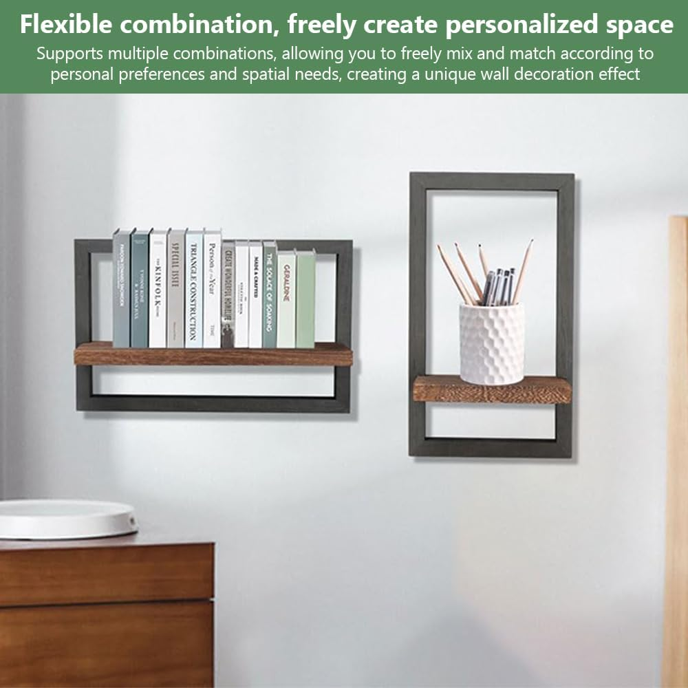 2 Pcs Rustic Black Square Wood Wall Shelves, Durable Wall Mounted Storage Shelves, Decorative Floating Wooden Display Racks for Living Room, Bedroom, Kitchen, or Office image number 6