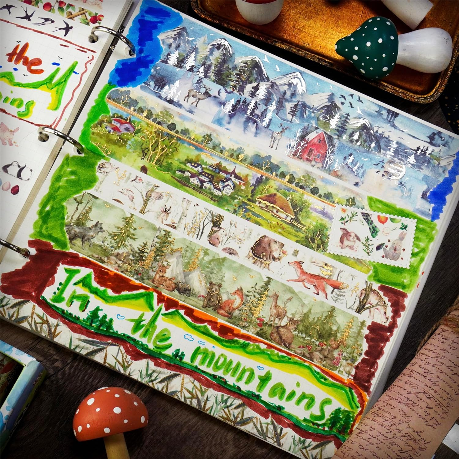 YUBBAEX 17 Rolls Forest Washi Tape Set Wide Gold Foil Masking Mountain Fields Animals Decorative Tapes for Arts, DIY Crafts, Journals, Planners, Scrapbook, Wrapping image number 2