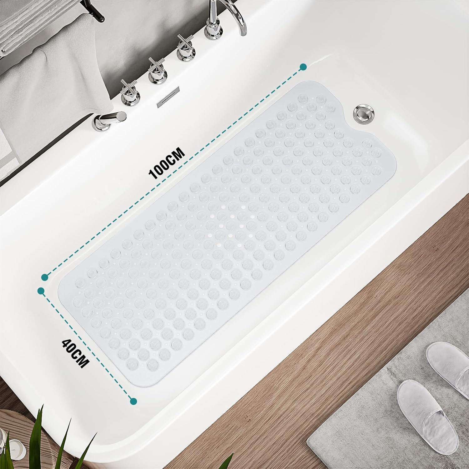 40X100Cm/15X40Inch Bathroom Mat,Shower Plastic Bath Mat with Suction Cup,Non-Slip Comfortable Bathtub Mat for Shower, Bathroom, Machine Wash Dry,Clear White