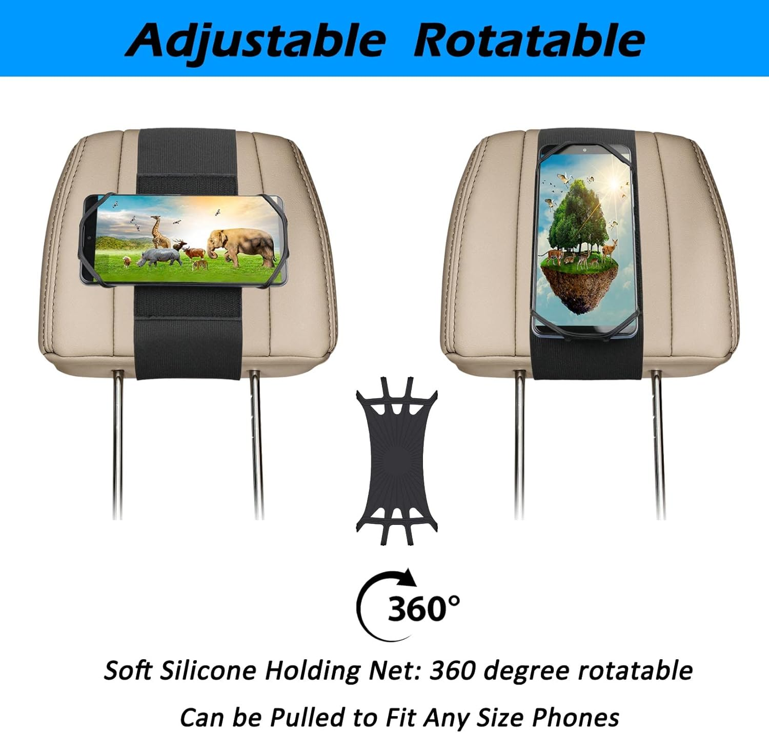 Car Headrest Phone Holder for Kids Back Seat - Compatible with Iphone, Samsung and Other Cell Phones - Soft Adjustable Silicone Holding Net (For Phone 1 Pack) image number 1